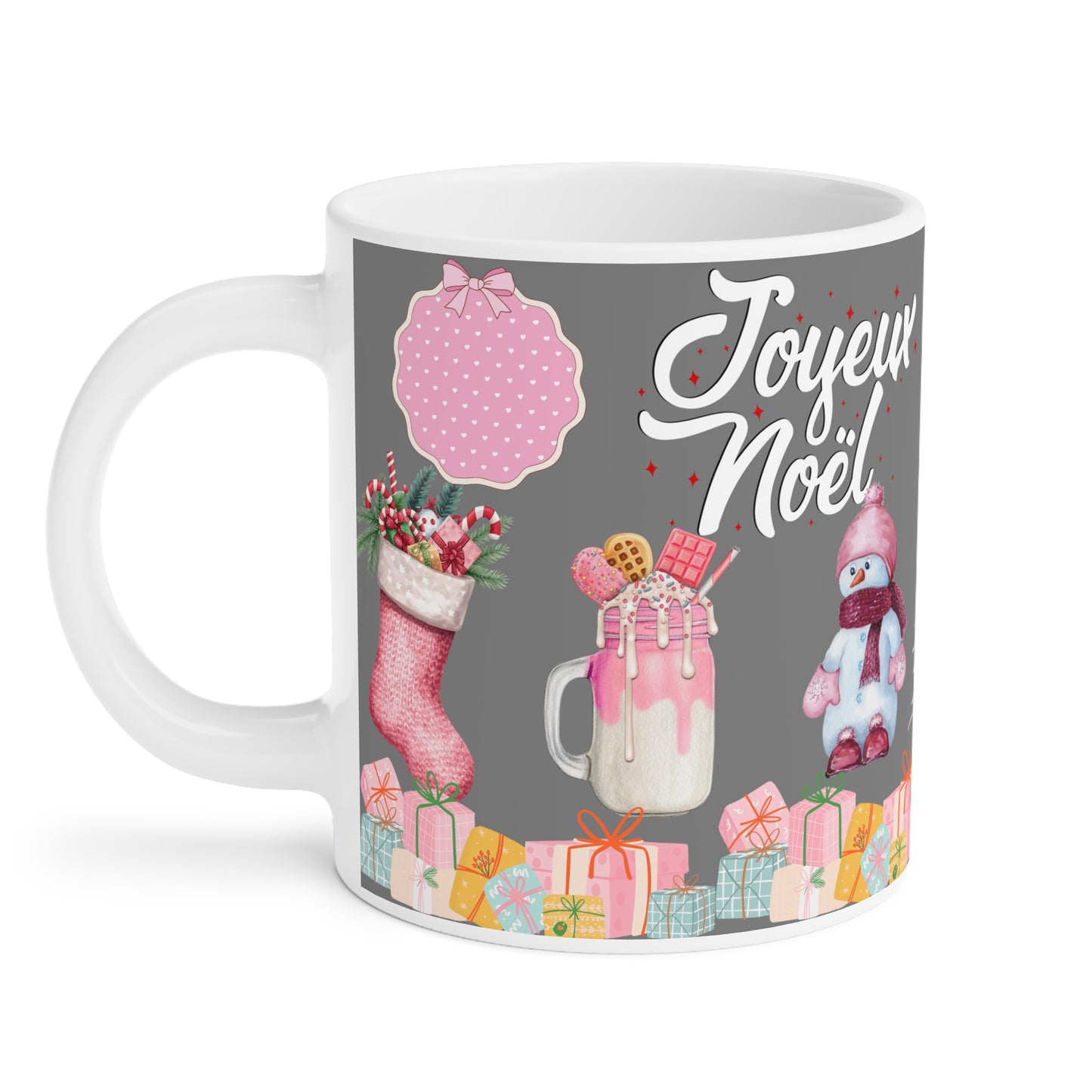 Joyeux Noël Holiday Mug — Pink Christmas Stocking & Cute Snowman Coffee Cup