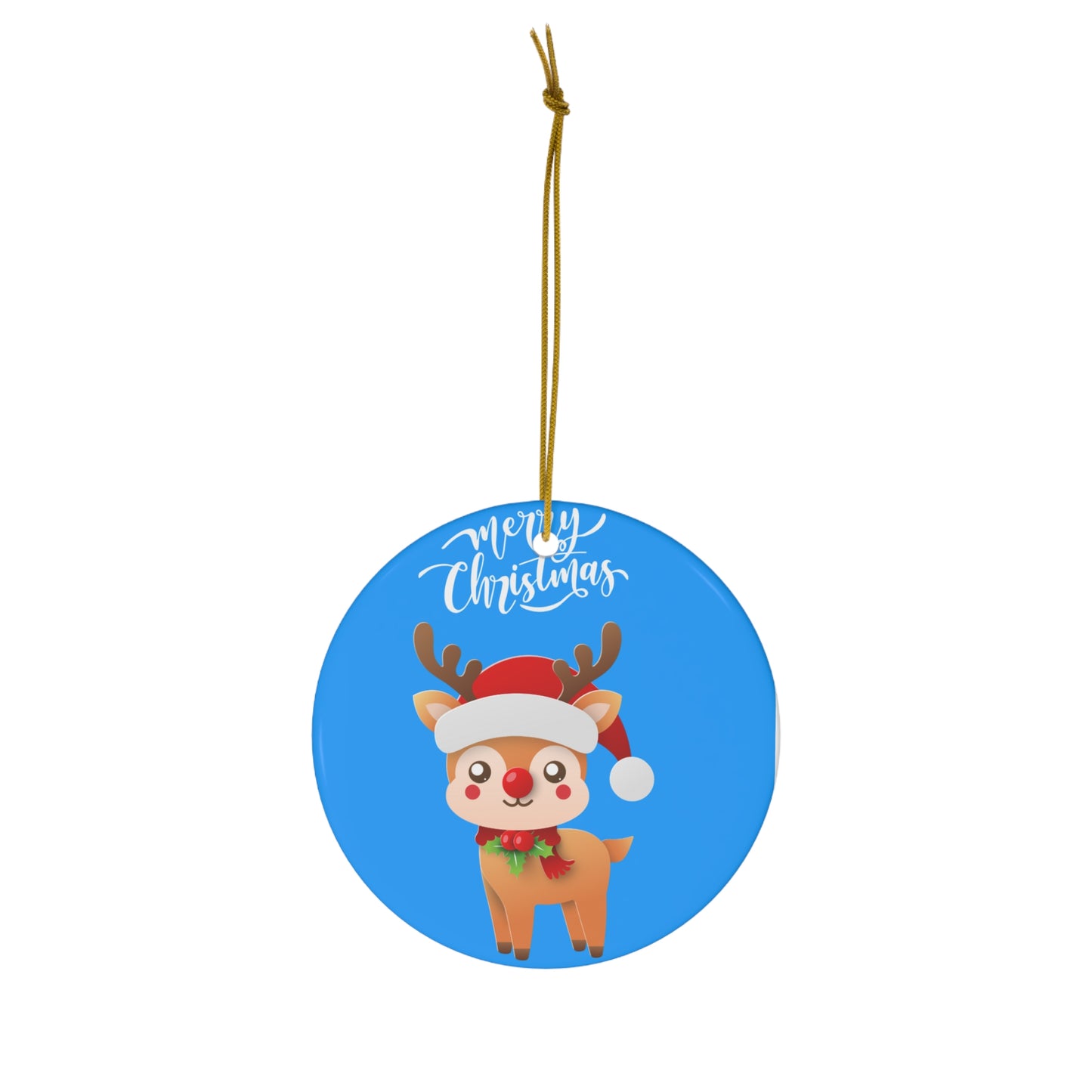 Christmas Reindeer Ceramic Ornament — Cute Santa Hat Reindeer, "Merry Christmas" Holiday Tree Decoration