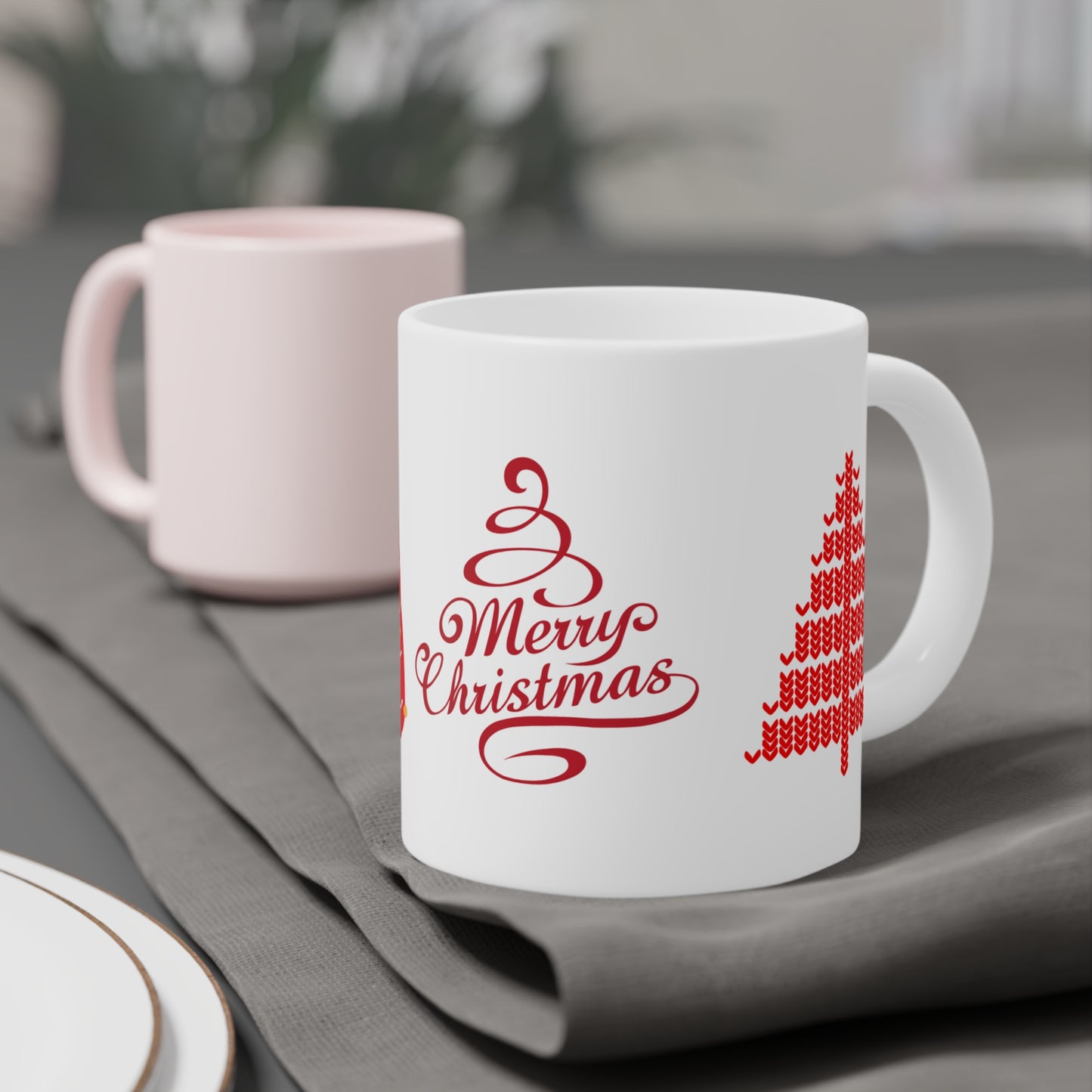 Merry Christmas Ceramic Mug — Red Holiday Tree Coffee Cup (11/15/20oz)