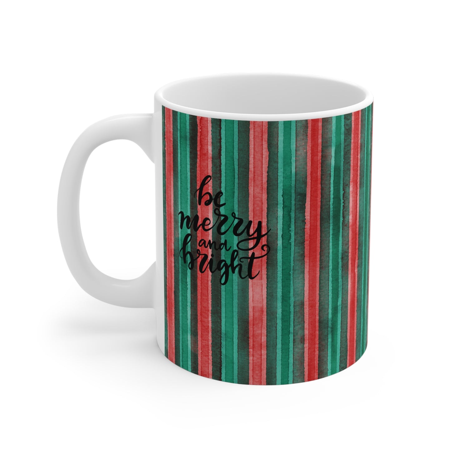 Christmas Stripe Mug — 'Be Merry and Bright' Holiday Ceramic Coffee Cup