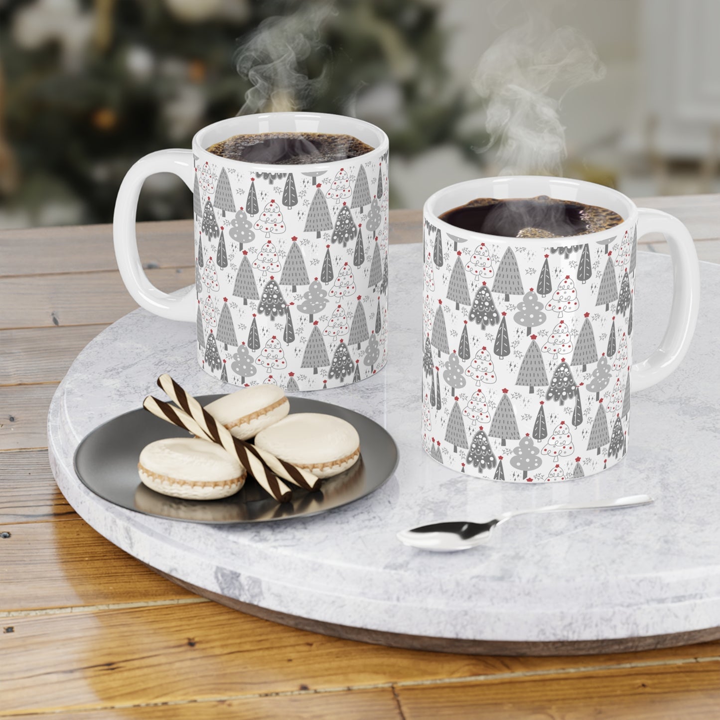 Christmas Tree Pattern Mug — Festive Grey Holiday Ceramic Coffee Cup