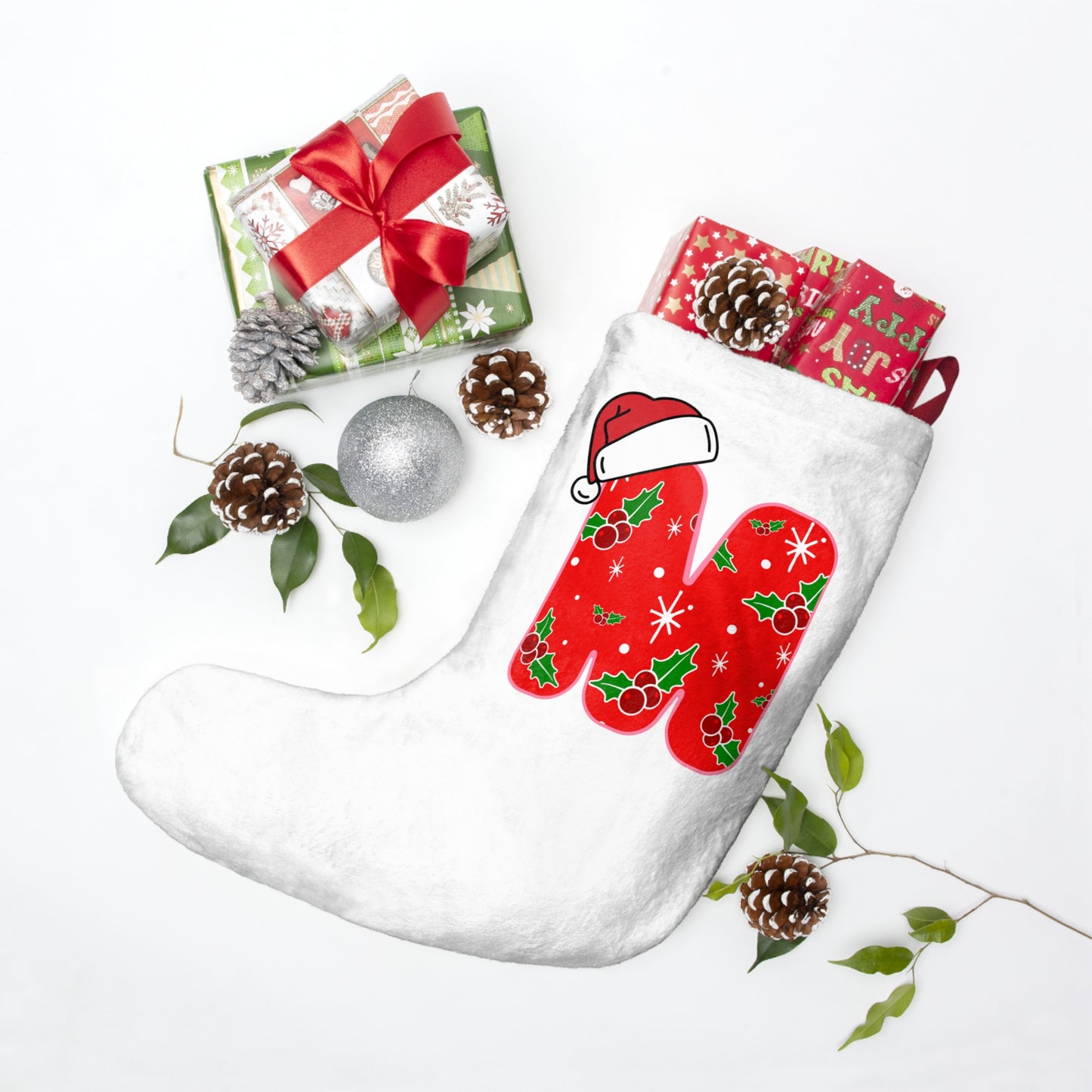 Personalized Christmas Stocking 'M' — Festive Holly & Santa Hat Holiday Stocking