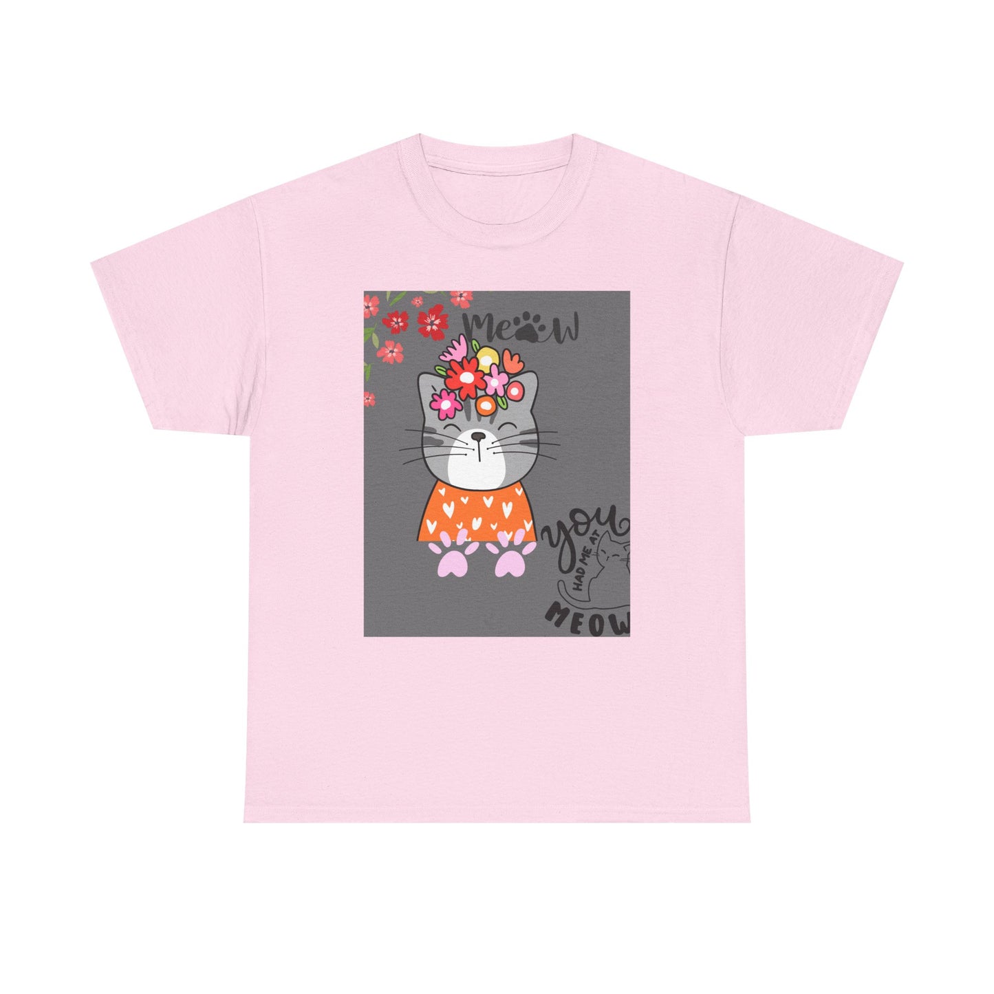 Cute Cat Floral Unisex Heavy Cotton Tee - 'You had me at Meow' Design