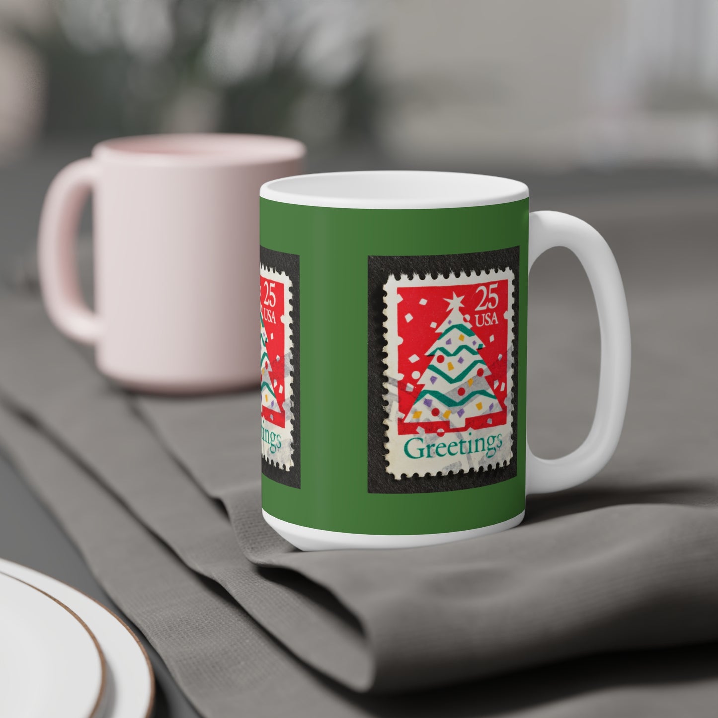 Holiday Stamp Mug — 'Greetings' Christmas Tree Ceramic Coffee Cup