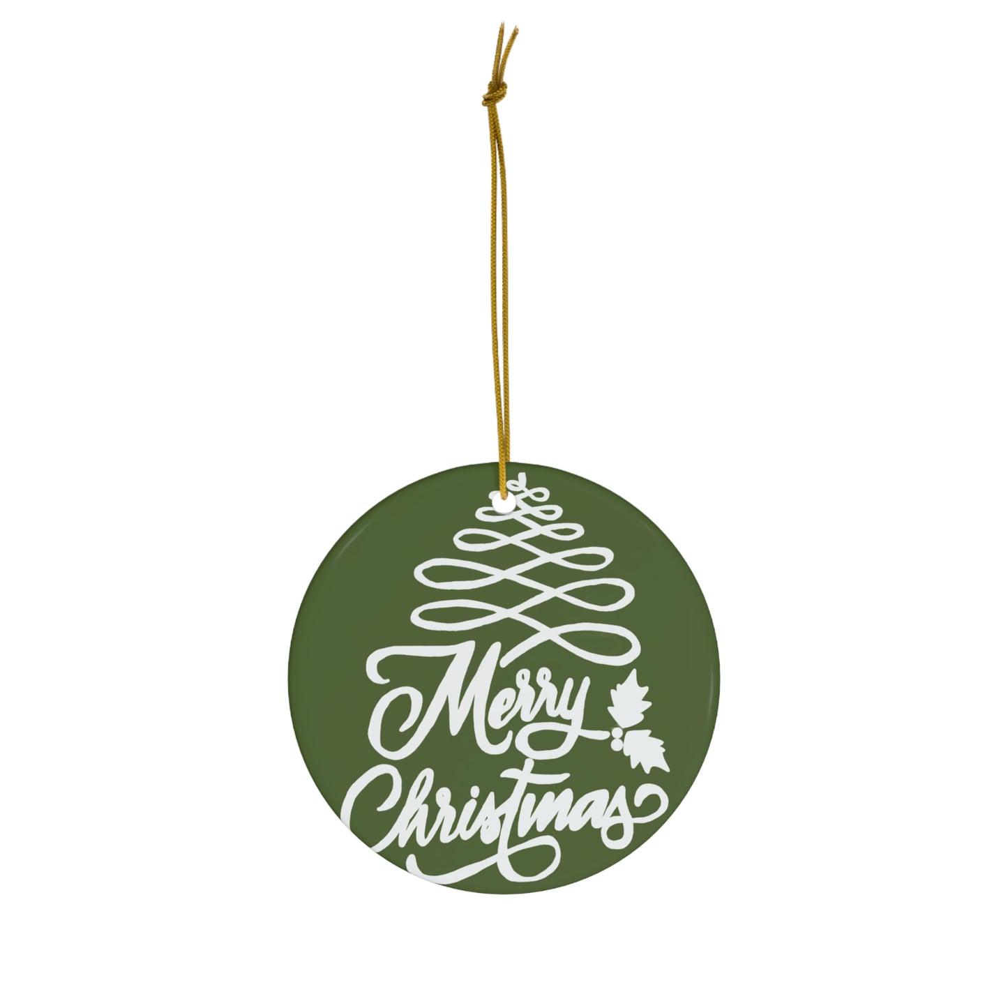 Merry Christmas Ceramic Ornament – Green Hand-Lettered Holiday Tree Ornament