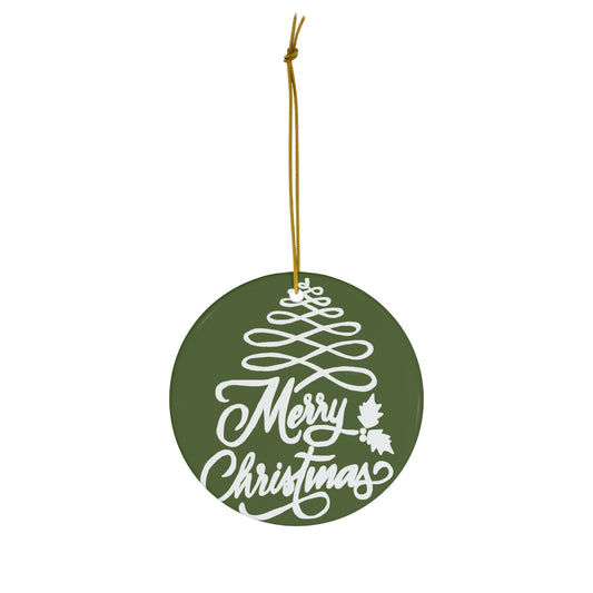 Merry Christmas Ceramic Ornament – Green Hand-Lettered Holiday Tree Ornament