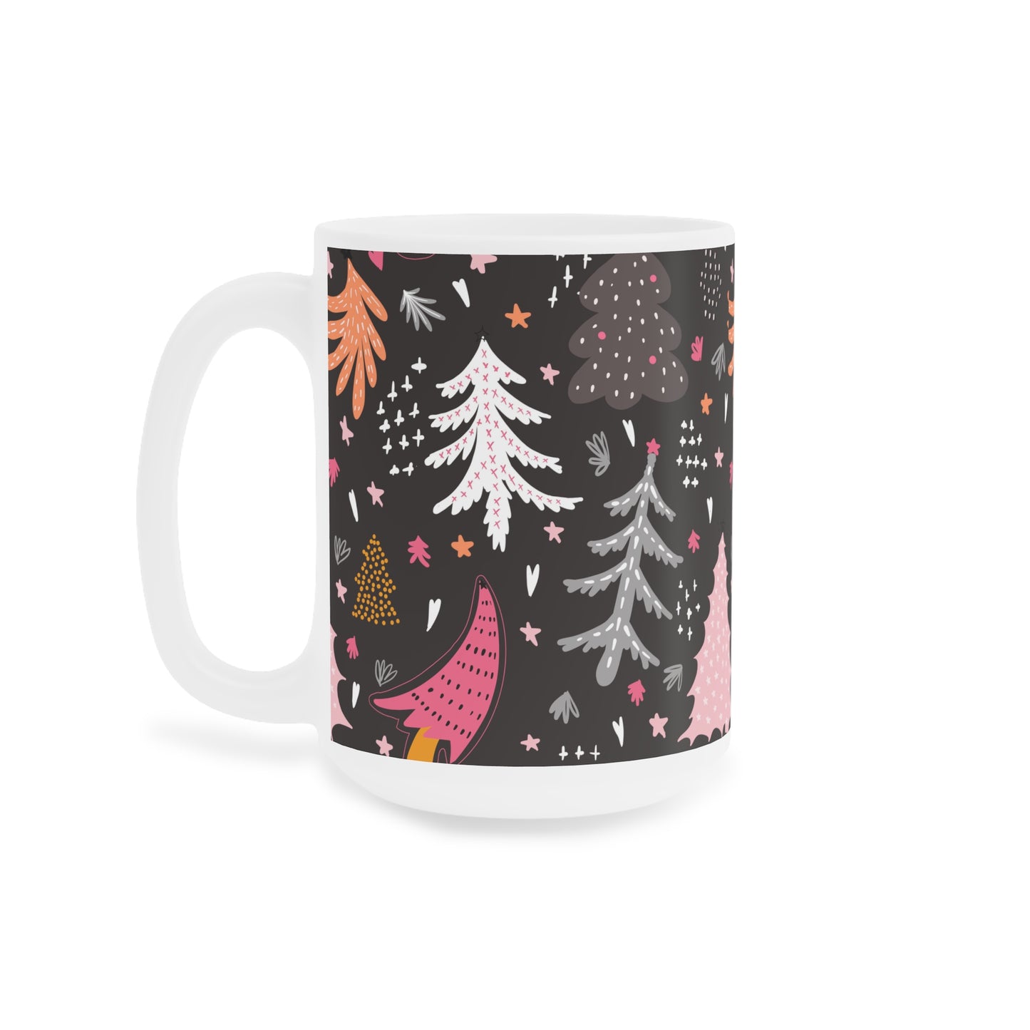 Christmas Tree Pattern Ceramic Mug — Pink & Gold Holiday Coffee Cup
