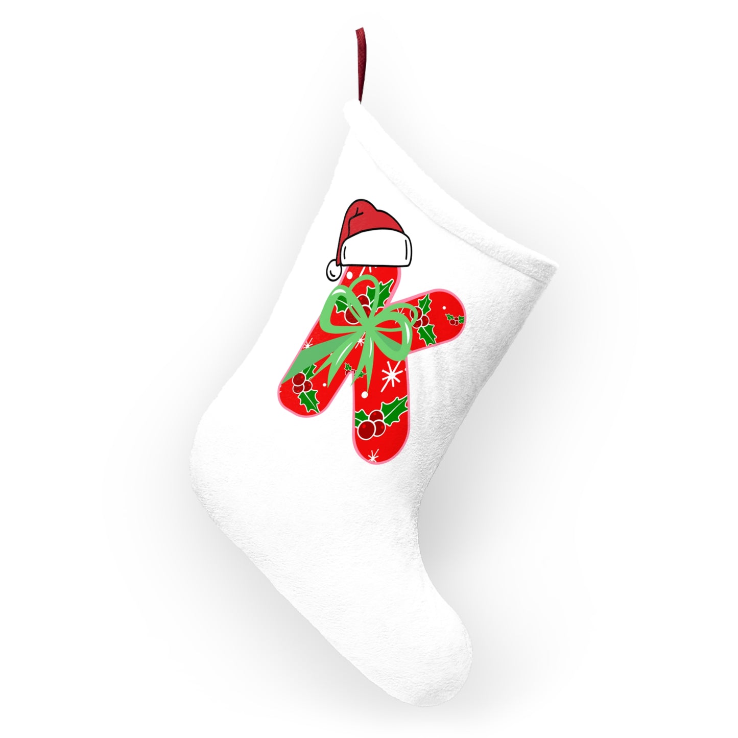 Personalized Christmas Stocking with Festive 'K' Monogram and Santa Hat