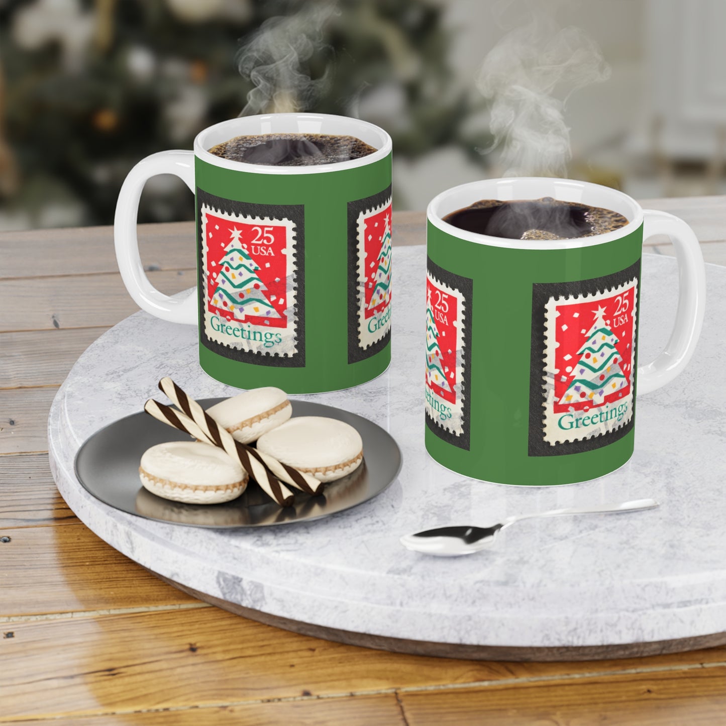 Holiday Stamp Mug — 'Greetings' Christmas Tree Ceramic Coffee Cup