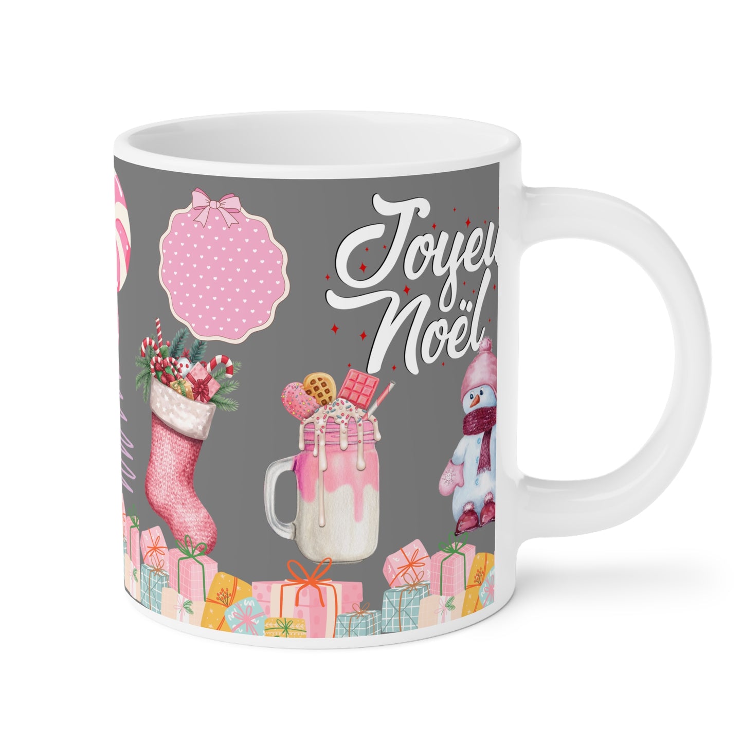 Joyeux Noël Holiday Mug — Pink Christmas Stocking & Cute Snowman Coffee Cup