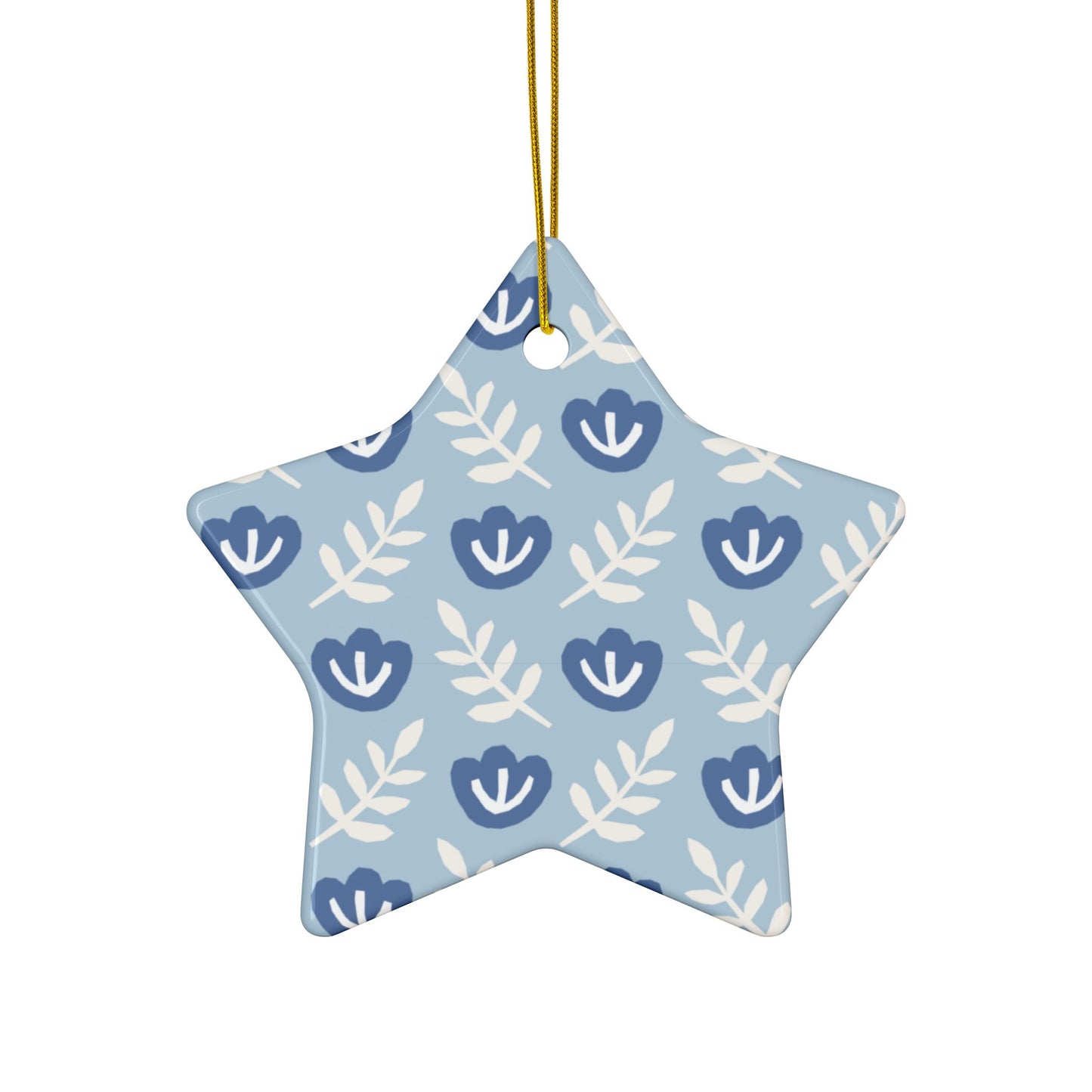 Blue Folk Floral Ceramic Ornament – Round 2-Sided Holiday Decoration