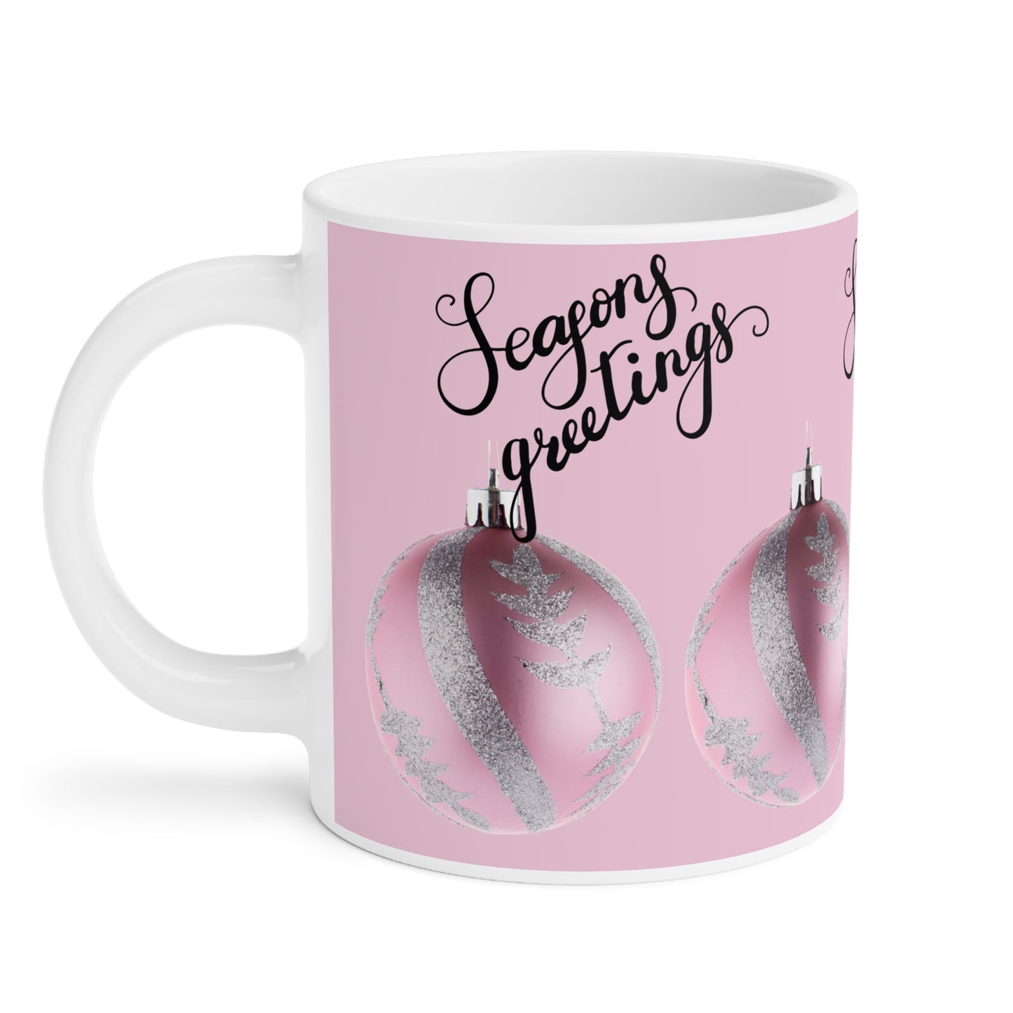 Season's Greetings Pink Ornament Ceramic Mug — Holiday Coffee Cup (11oz/15oz/20oz)