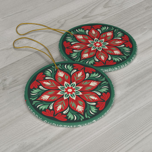 Poinsettia Mandala Ceramic Ornament — Red & Green Holiday Tree Decoration
