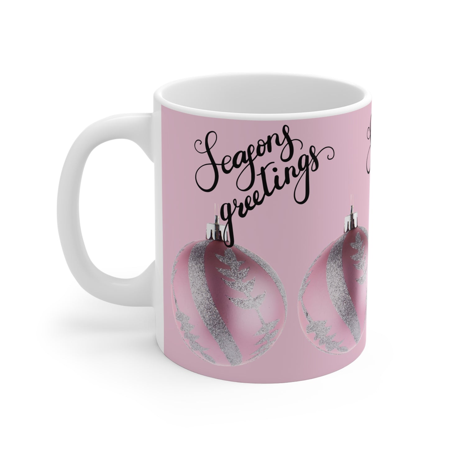 Season's Greetings Pink Ornament Ceramic Mug — Holiday Coffee Cup (11oz/15oz/20oz)