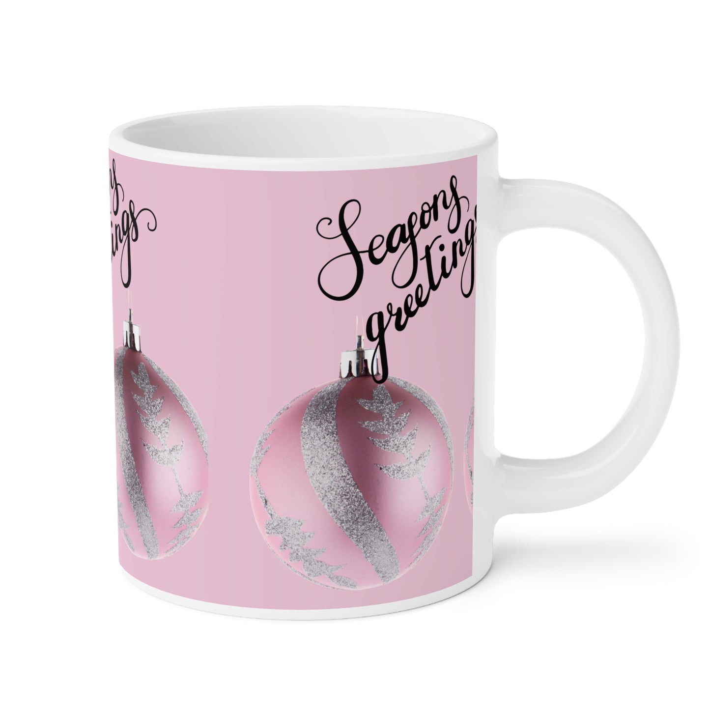 Season's Greetings Pink Ornament Ceramic Mug — Holiday Coffee Cup (11oz/15oz/20oz)