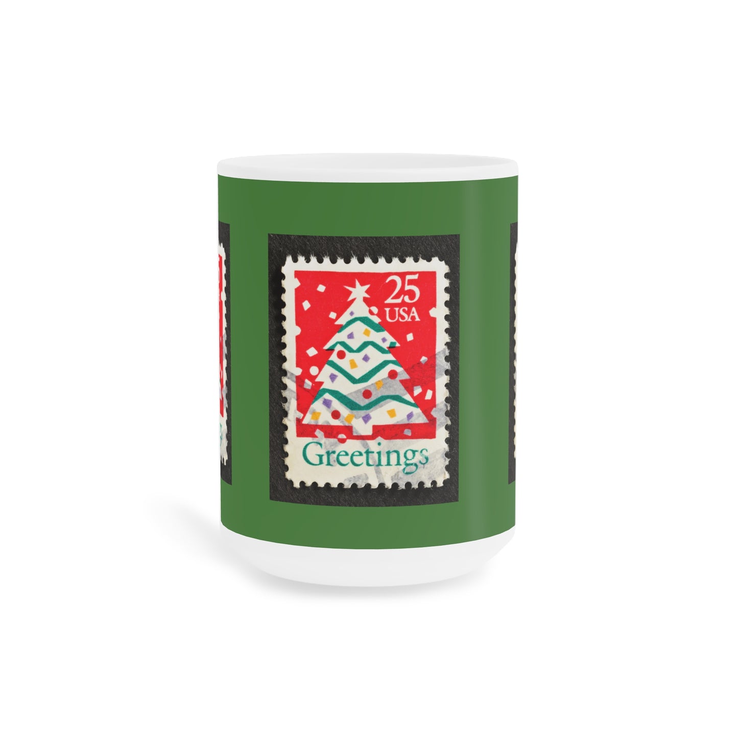Holiday Stamp Mug — 'Greetings' Christmas Tree Ceramic Coffee Cup