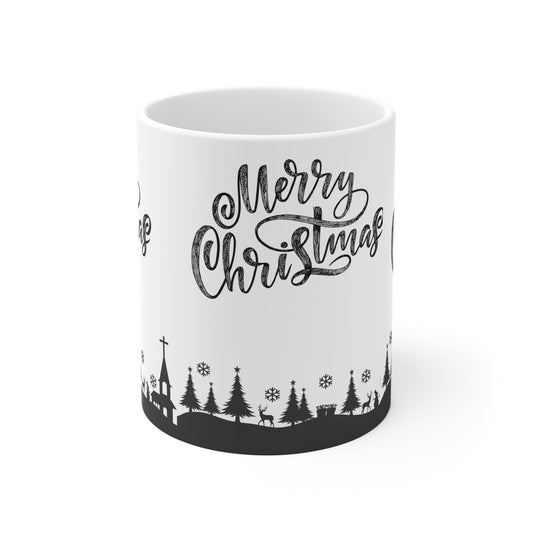 Merry Christmas Ceramic Mug — Black Holiday Village Design (11/15/20oz)