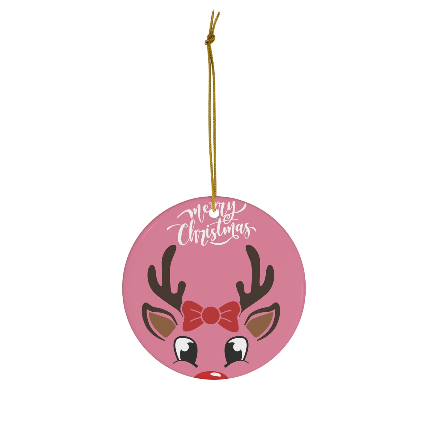 Pink Reindeer Ceramic Ornament – 'Merry Christmas' Holiday Tree Decoration