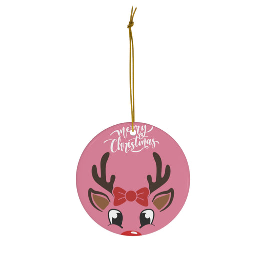 Pink Reindeer Ceramic Ornament – 'Merry Christmas' Holiday Tree Decoration