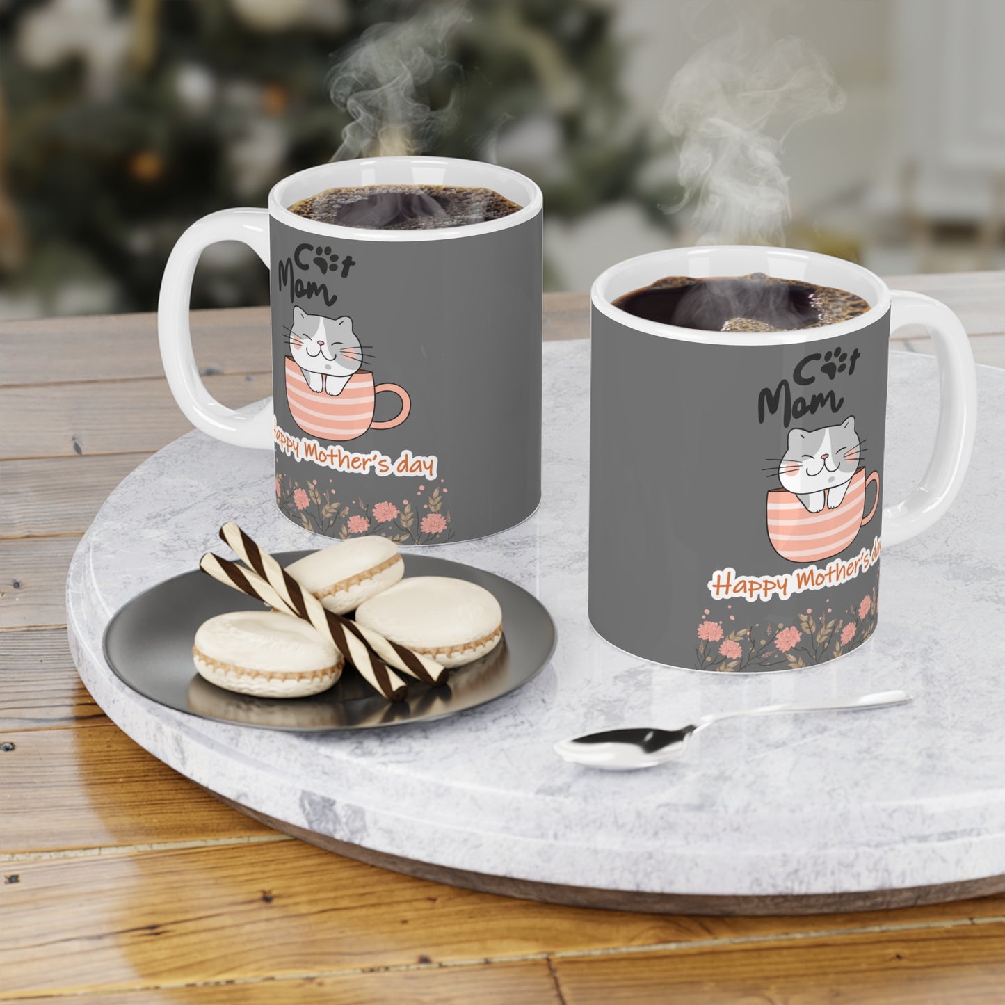 Cute Cat Mom Mug - Happy Mother's Day Floral Design (11oz/15oz/20oz)