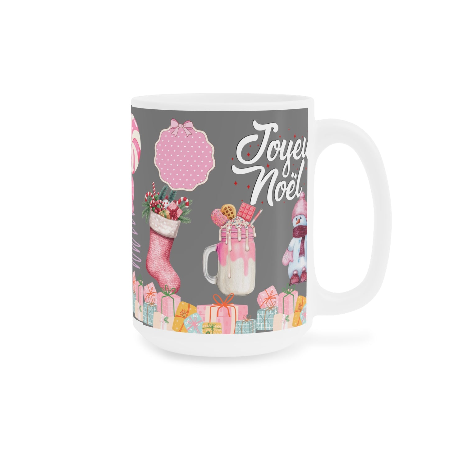 Joyeux Noël Holiday Mug — Pink Christmas Stocking & Cute Snowman Coffee Cup