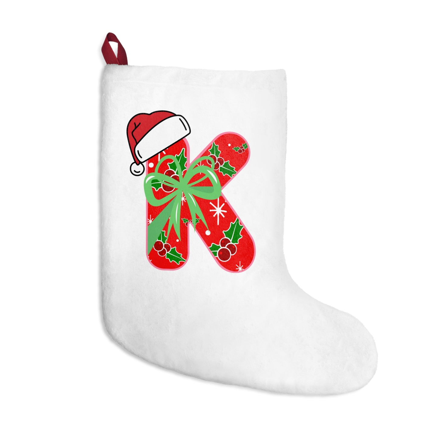 Personalized Christmas Stocking with Festive 'K' Monogram and Santa Hat