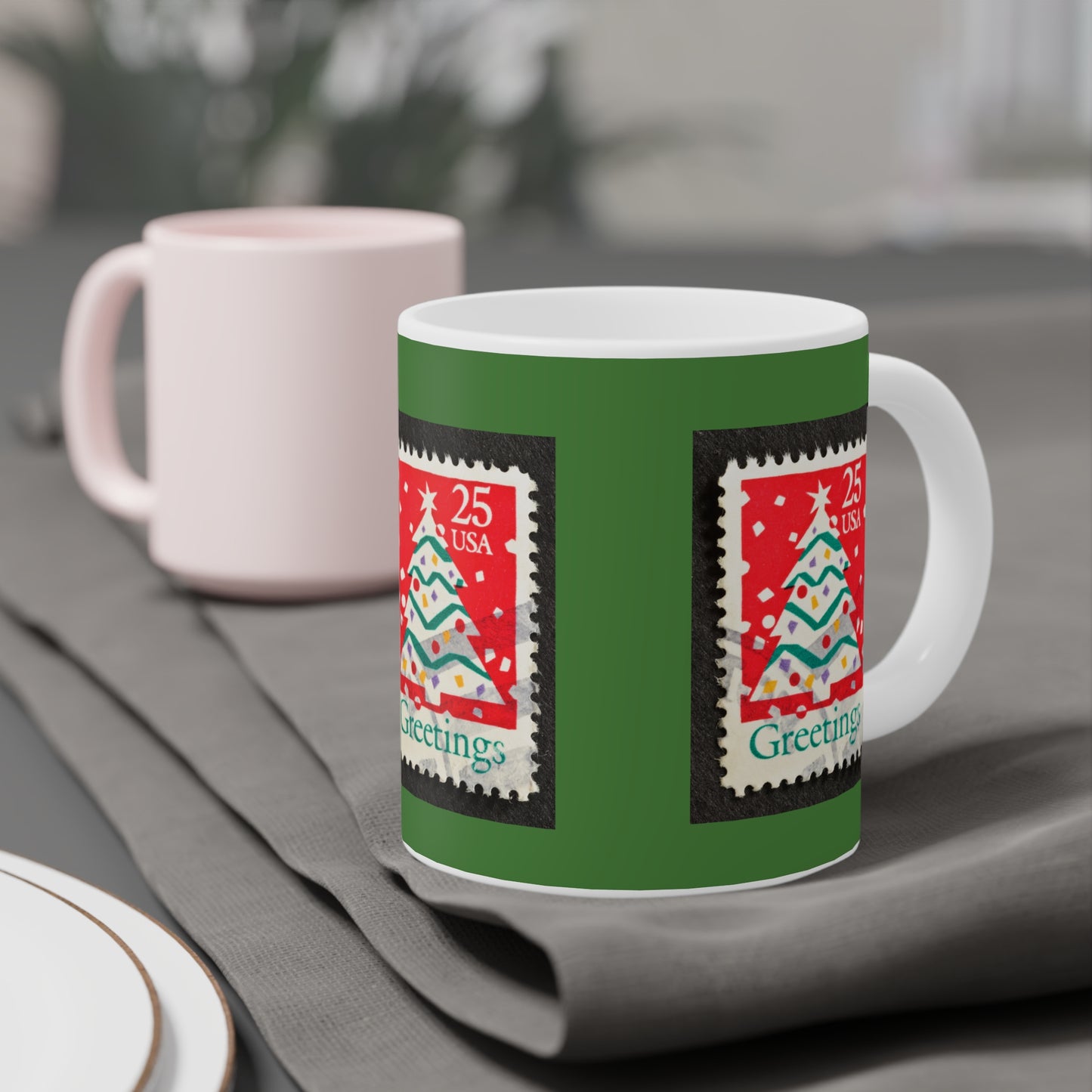Holiday Stamp Mug — 'Greetings' Christmas Tree Ceramic Coffee Cup