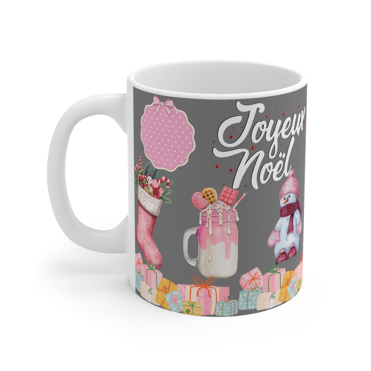 Joyeux Noël Holiday Mug — Pink Christmas Stocking & Cute Snowman Coffee Cup