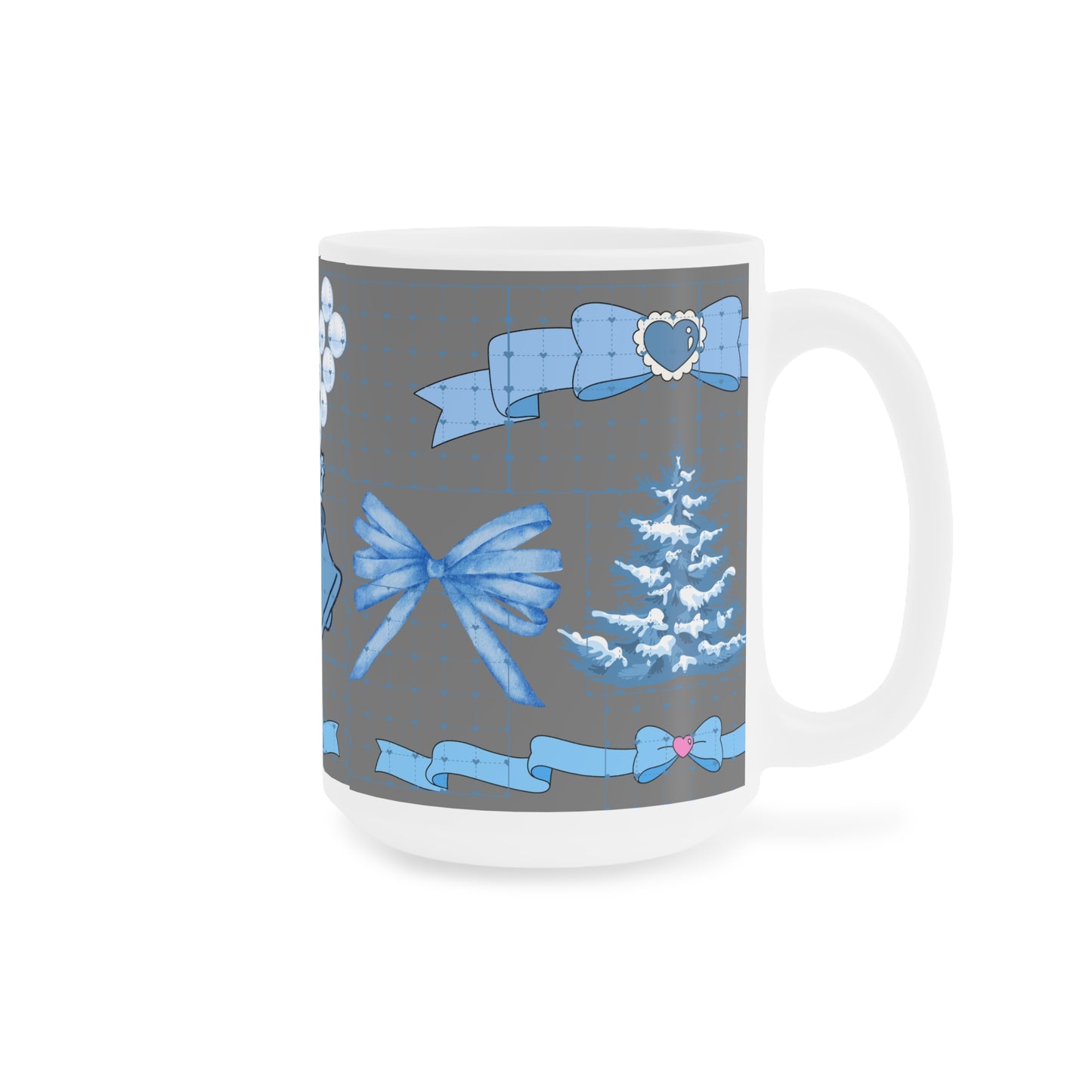 Blue Holiday Ornament Mug — Christmas Tree, Bells & Bows Ceramic Coffee Cup