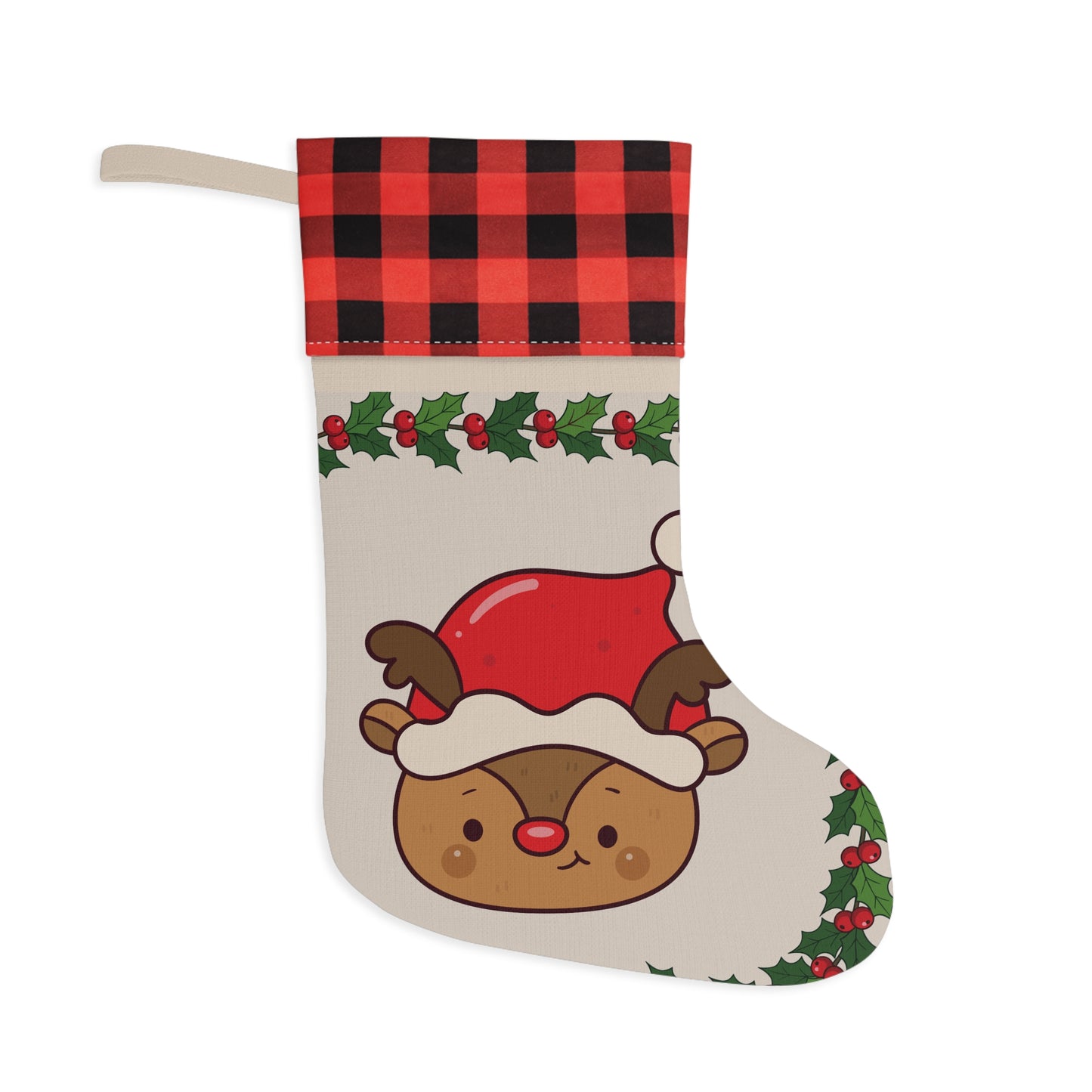 Cute Reindeer Christmas Stocking with Buffalo Plaid Cuff & Holly Wreath