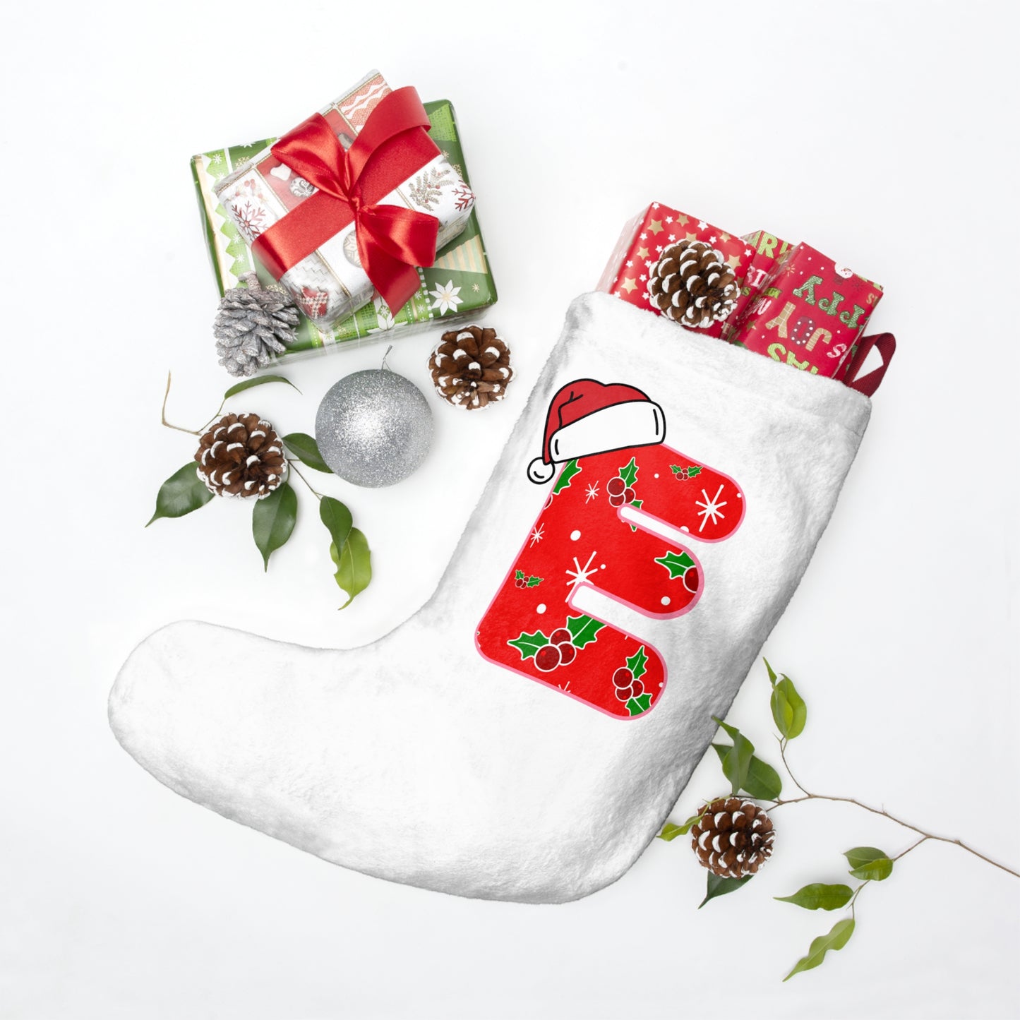 Personalized Christmas Stocking - Red Holly Letter E with Santa Hat
