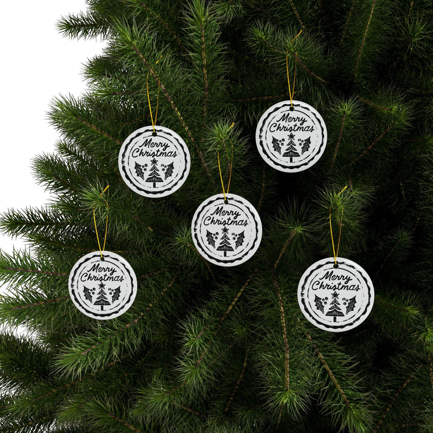 Merry Christmas Ceramic Ornament — Double-Sided Round Holiday Tree & Holly Decoration (1–10 pcs)