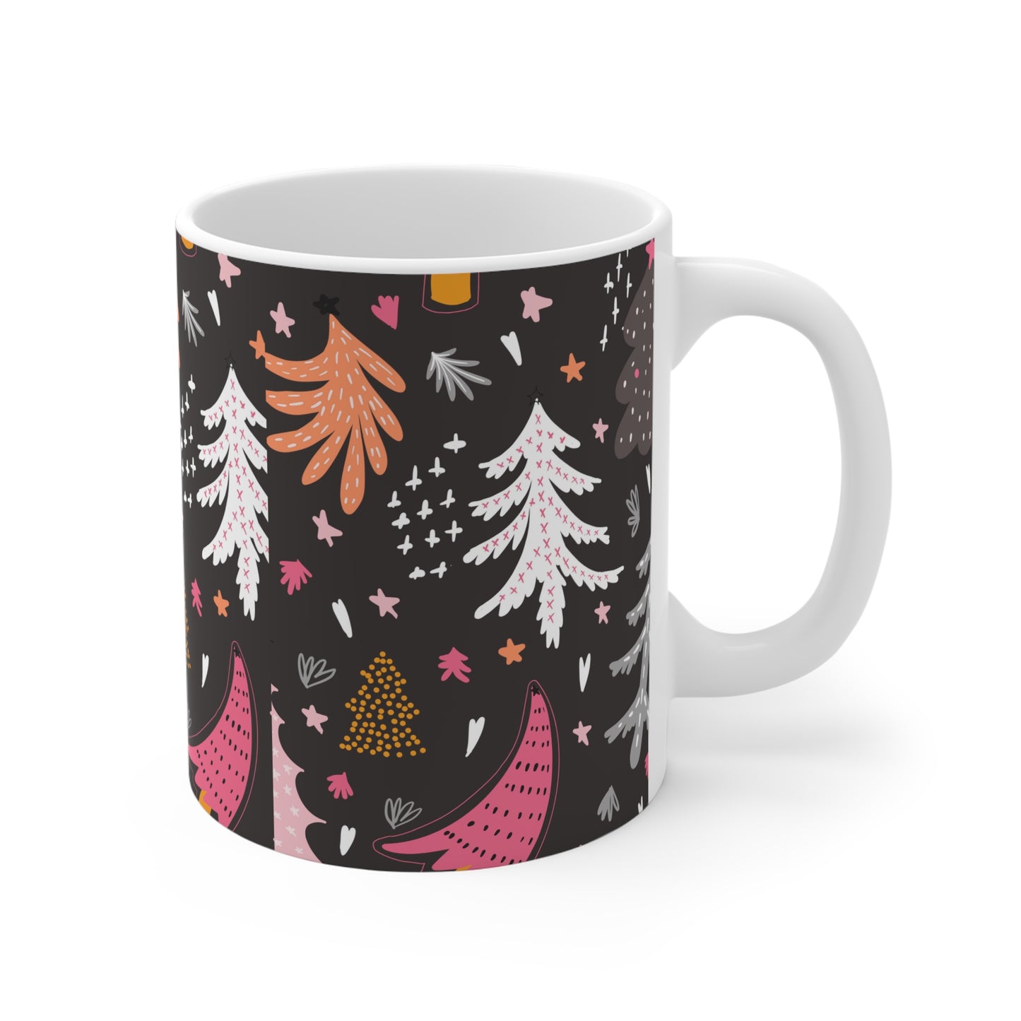 Christmas Tree Pattern Ceramic Mug — Pink & Gold Holiday Coffee Cup
