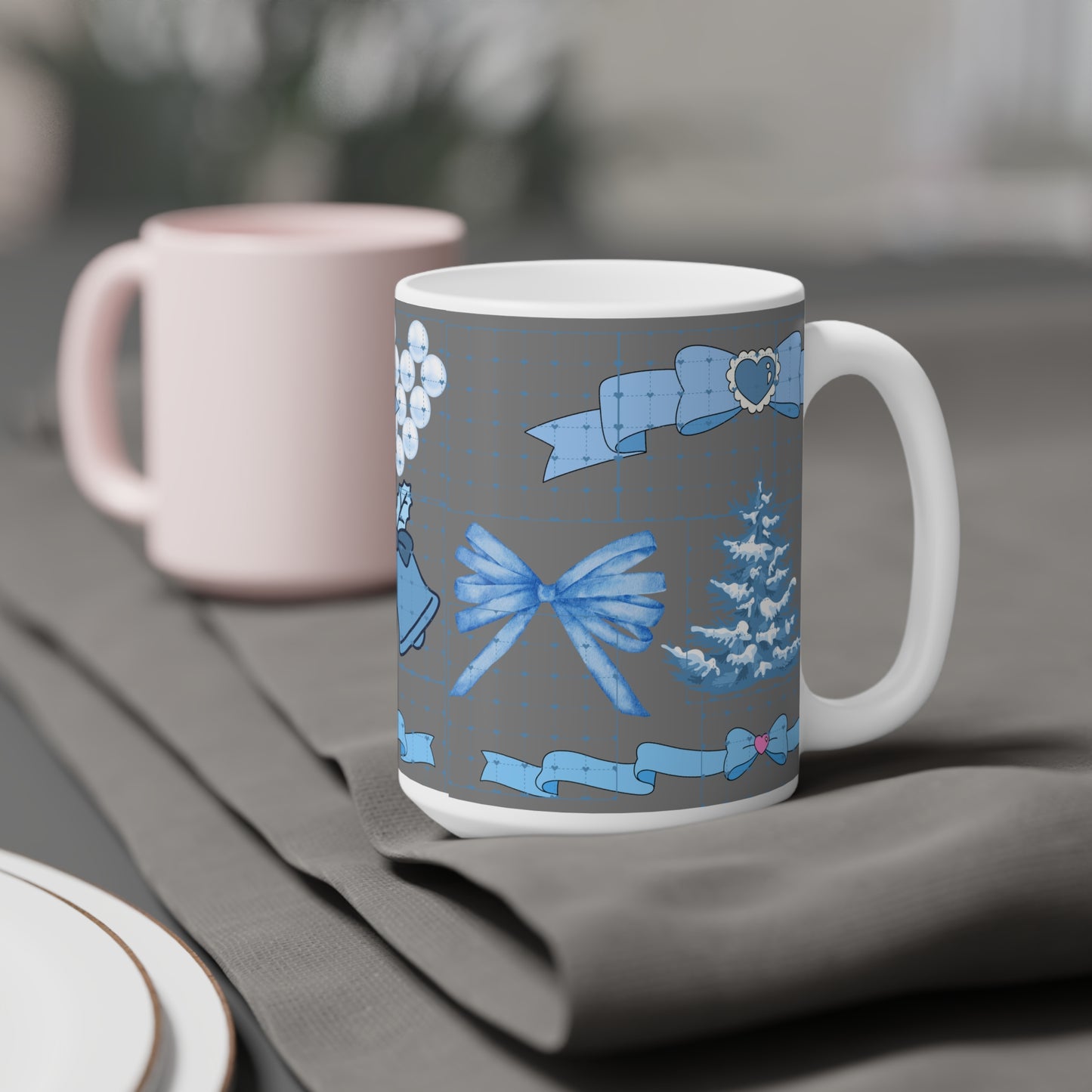 Blue Holiday Ornament Mug — Christmas Tree, Bells & Bows Ceramic Coffee Cup