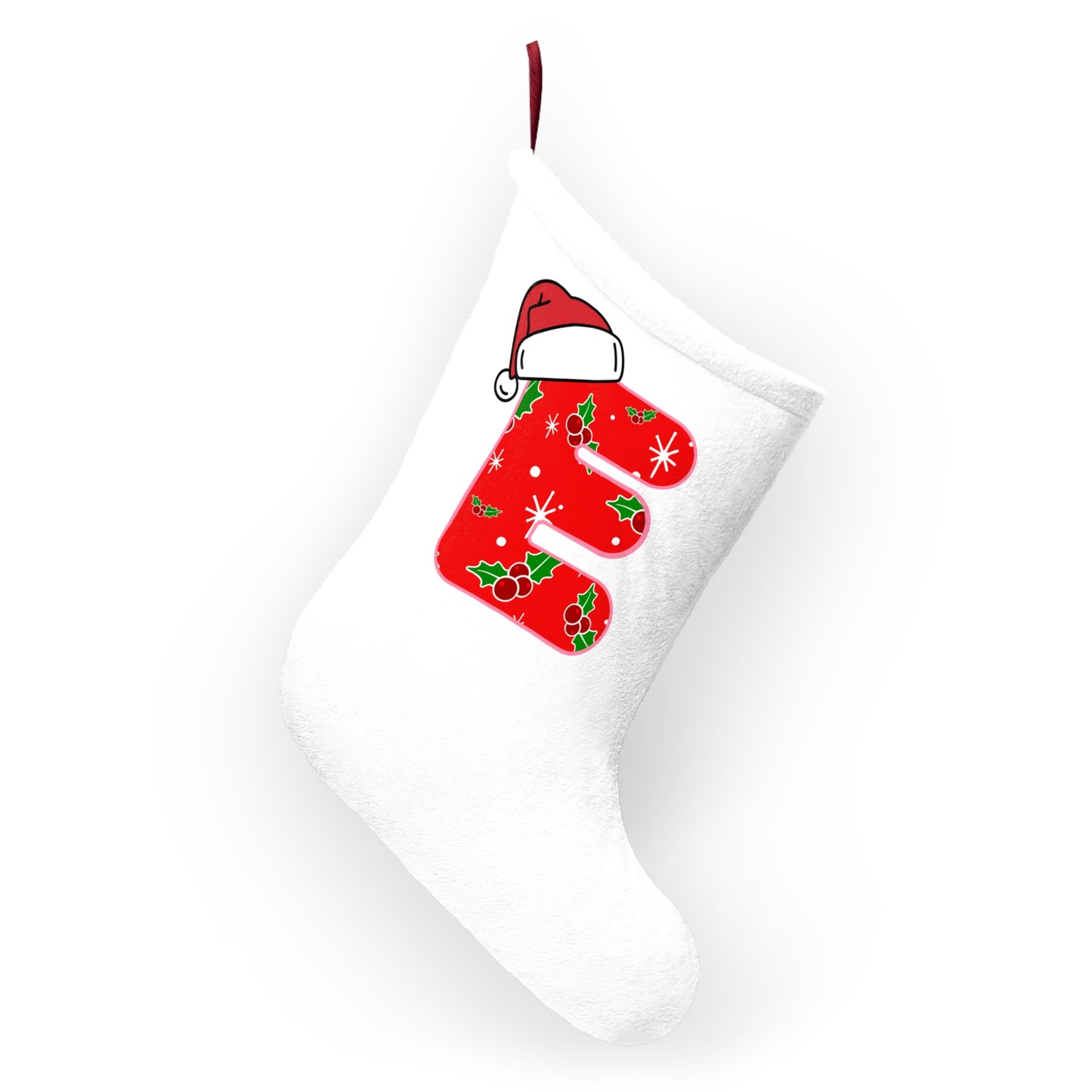 Personalized Christmas Stocking - Red Holly Letter E with Santa Hat