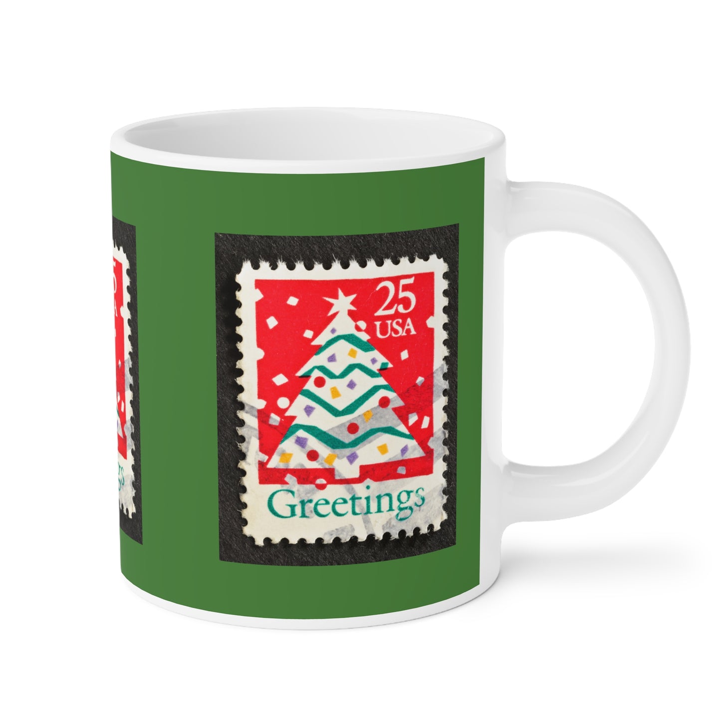 Holiday Stamp Mug — 'Greetings' Christmas Tree Ceramic Coffee Cup