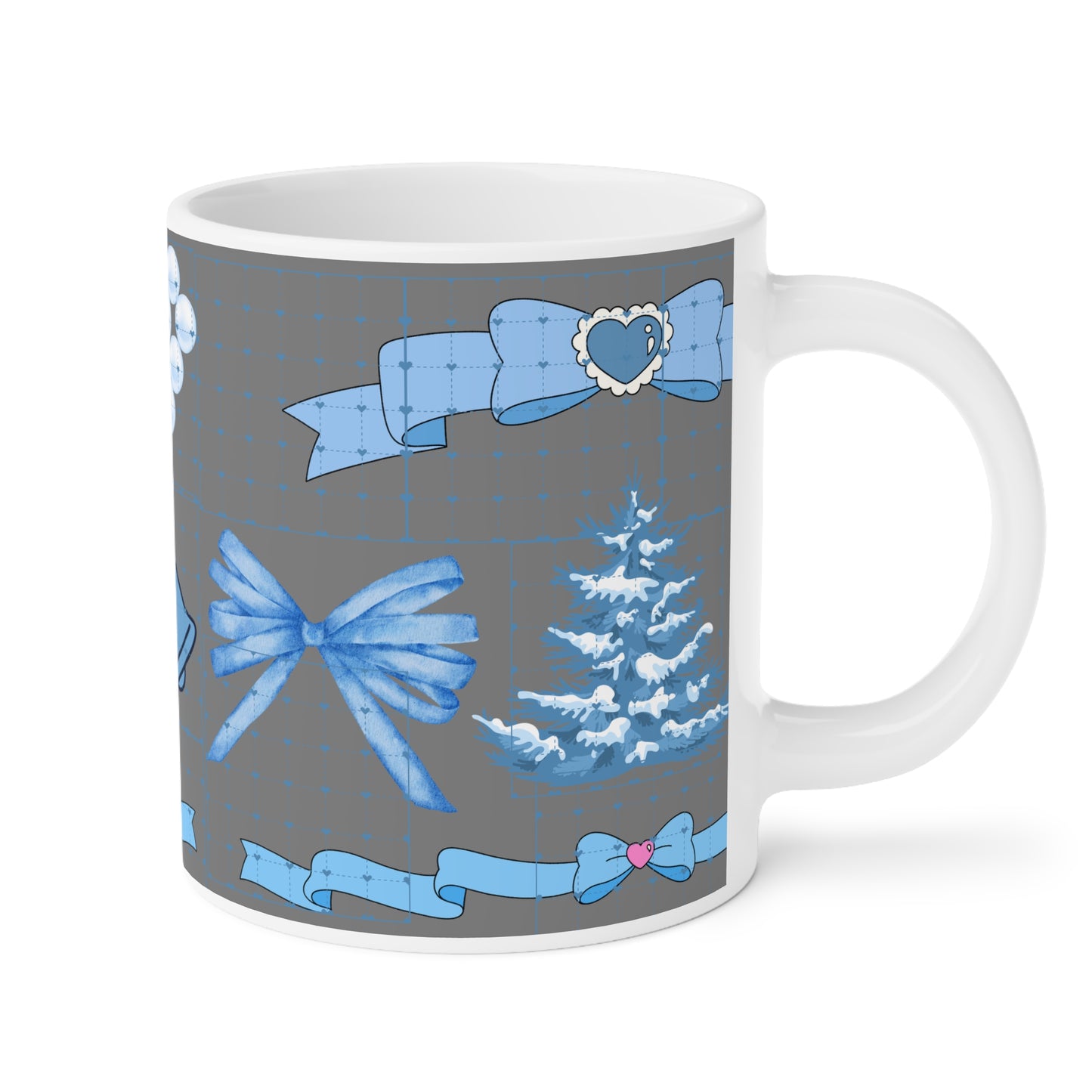 Blue Holiday Ornament Mug — Christmas Tree, Bells & Bows Ceramic Coffee Cup