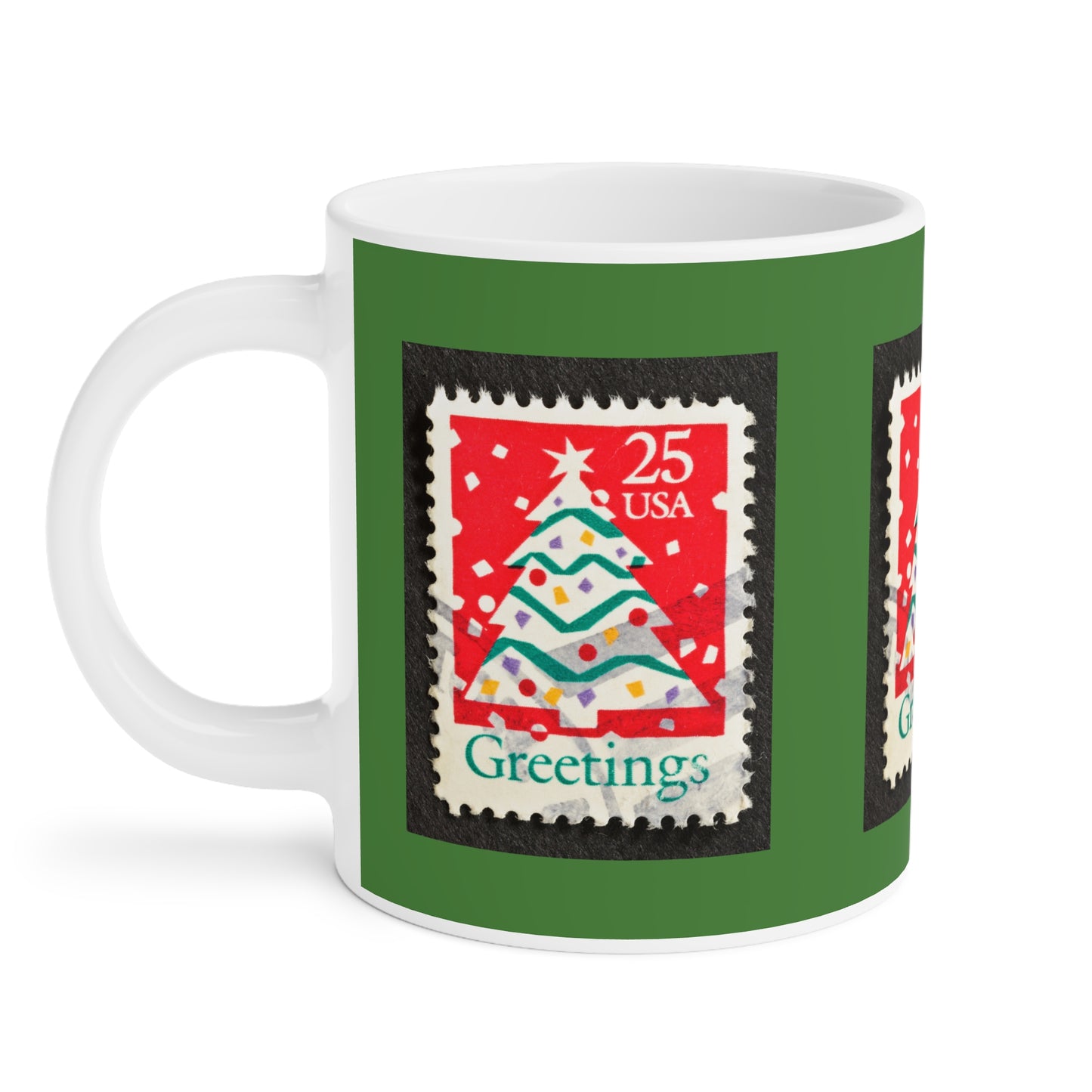 Holiday Stamp Mug — 'Greetings' Christmas Tree Ceramic Coffee Cup
