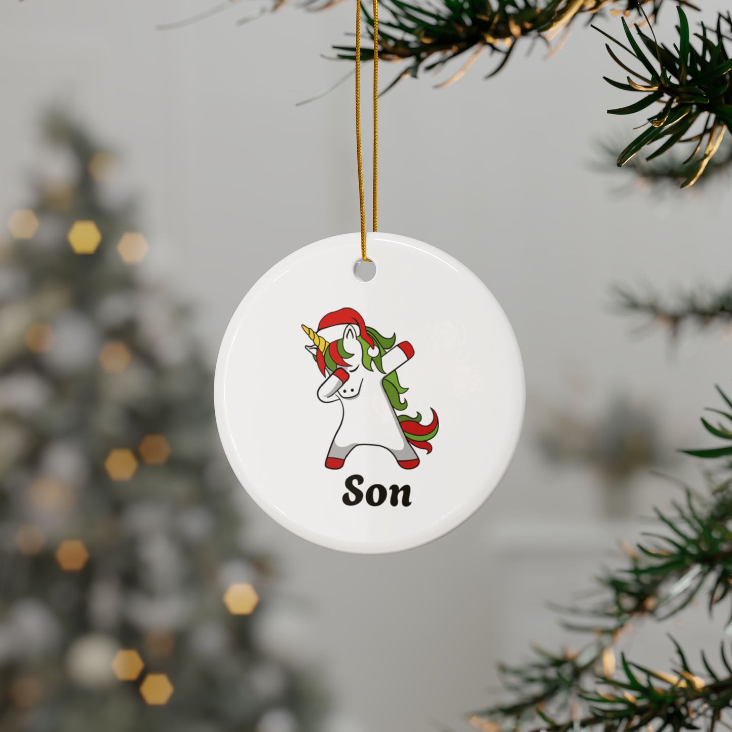 ‘SON’ Christmas Unicorn Ceramic Ornaments, 2-Side Print, (1pc, 3pcs, 5pcs, 10pcs)