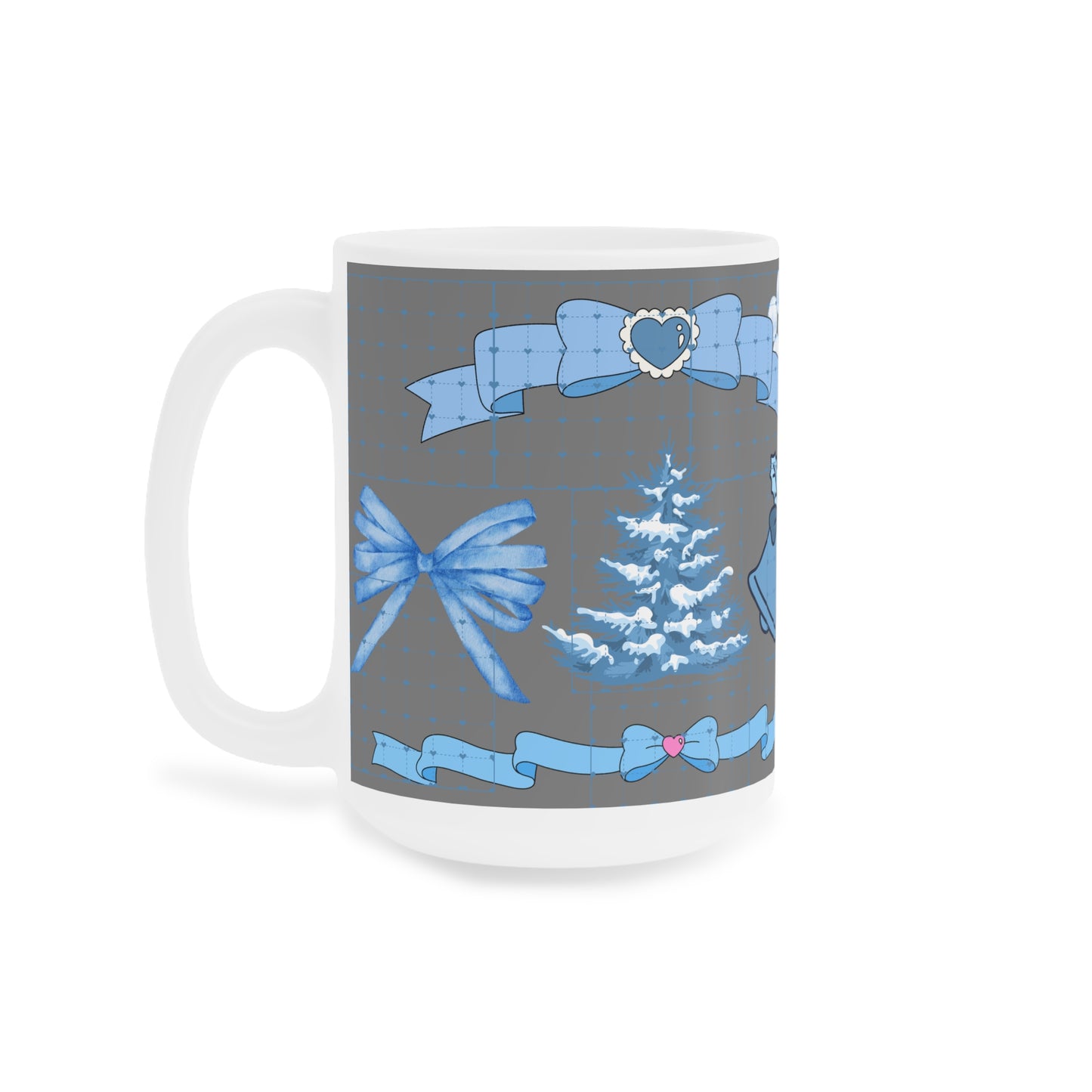 Blue Holiday Ornament Mug — Christmas Tree, Bells & Bows Ceramic Coffee Cup