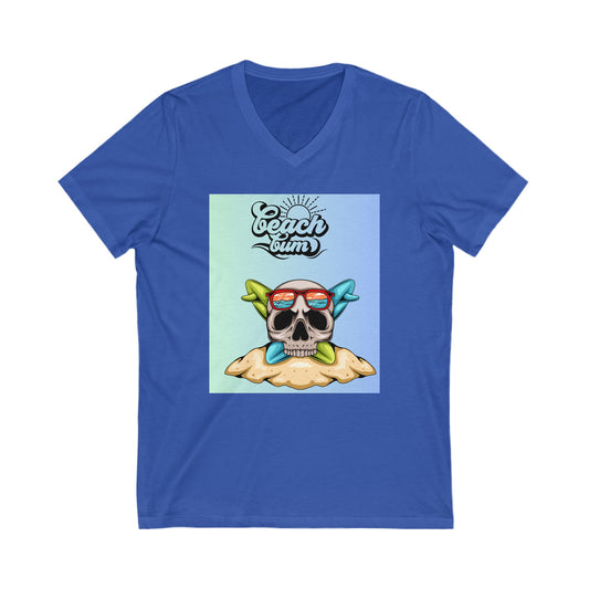 Beach Bum Skull V-Neck Tee, Casual Summer Shirt, Beachwear, Gift for Travelers, Pirate Theme Tee