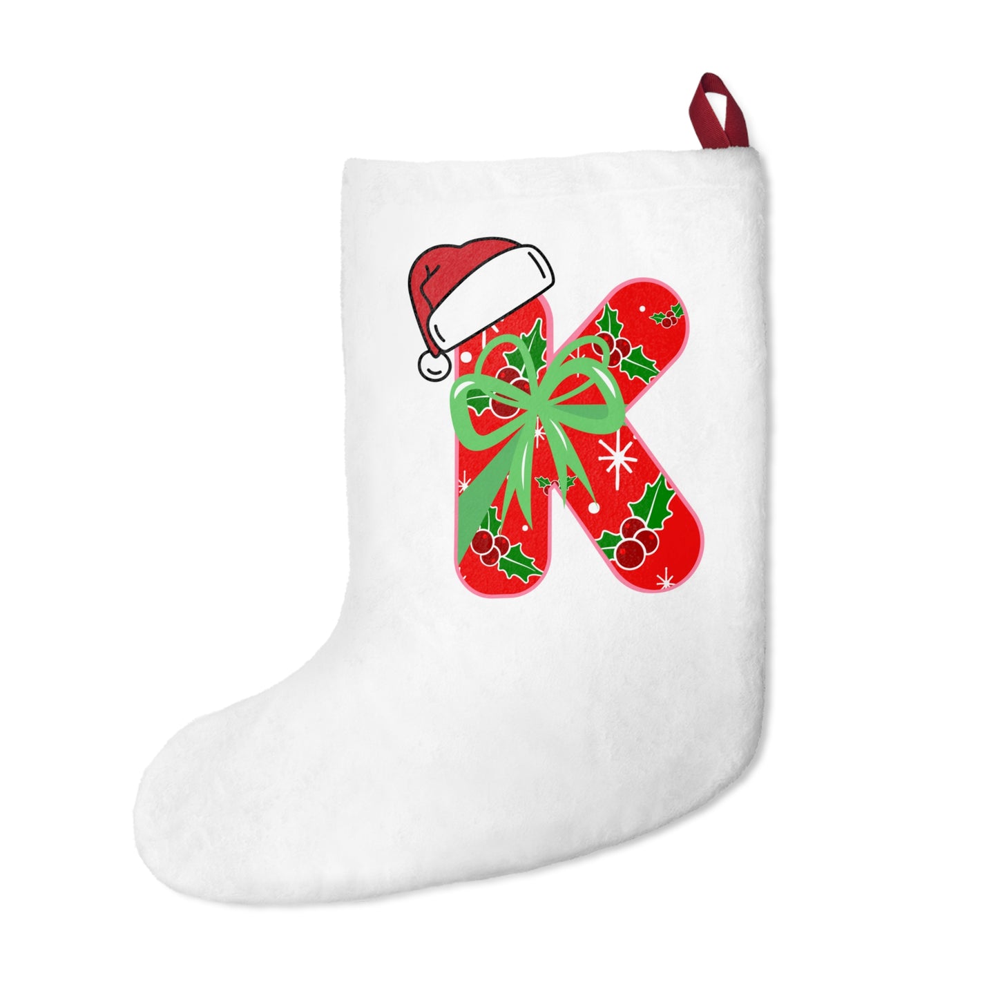 Personalized Christmas Stocking with Festive 'K' Monogram and Santa Hat