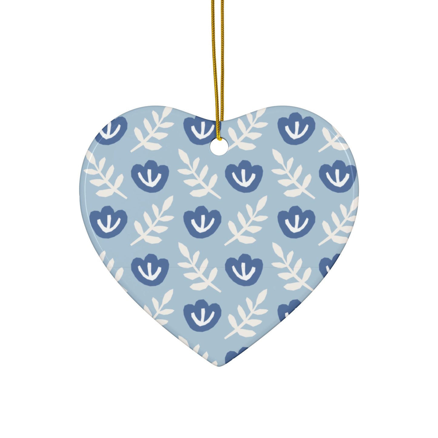 Blue Folk Floral Ceramic Ornament – Round 2-Sided Holiday Decoration