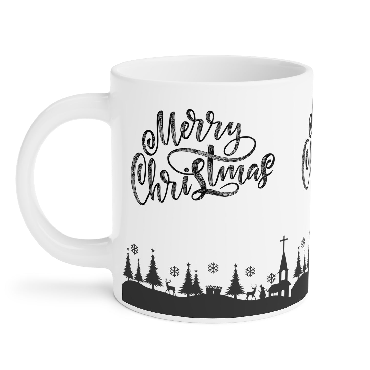 Merry Christmas Ceramic Mug — Black Holiday Village Design (11/15/20oz)