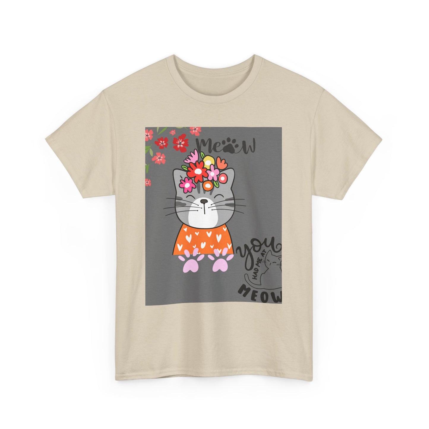 Cute Cat Floral Unisex Heavy Cotton Tee - 'You had me at Meow' Design