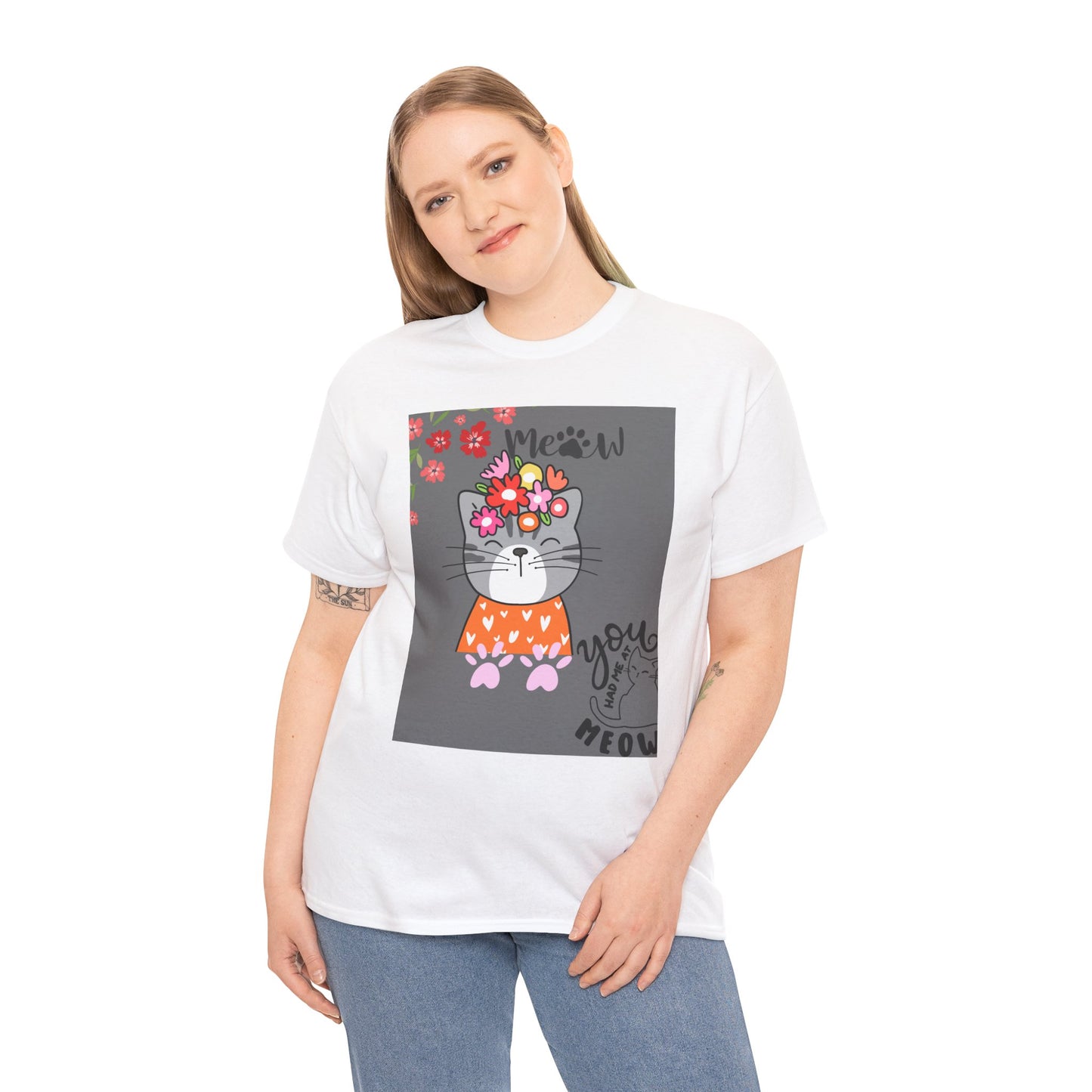 Cute Cat Floral Unisex Heavy Cotton Tee - 'You had me at Meow' Design