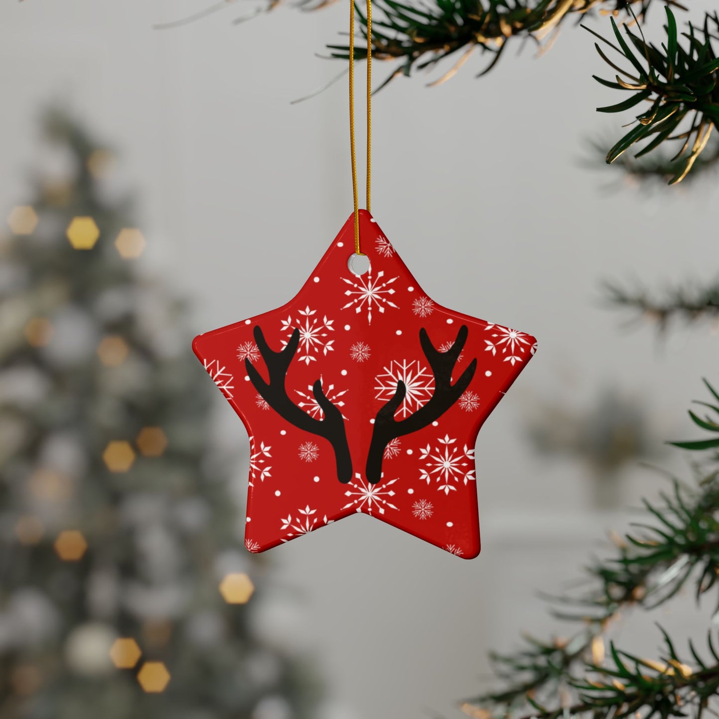 Reindeer Antler Ceramic Christmas Ornament — Red Snowflake Double-Sided Holiday Decor (1/3/5/10 pcs)