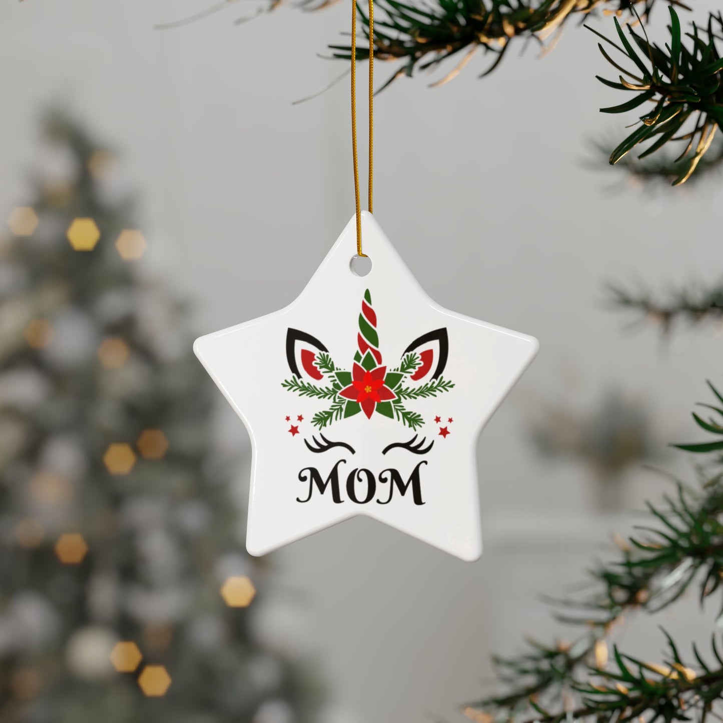 ‘MOM’ Christmas Unicorn Ceramic Ornaments, 2-Side Print, (1pc, 3pcs, 5pcs, 10pcs)