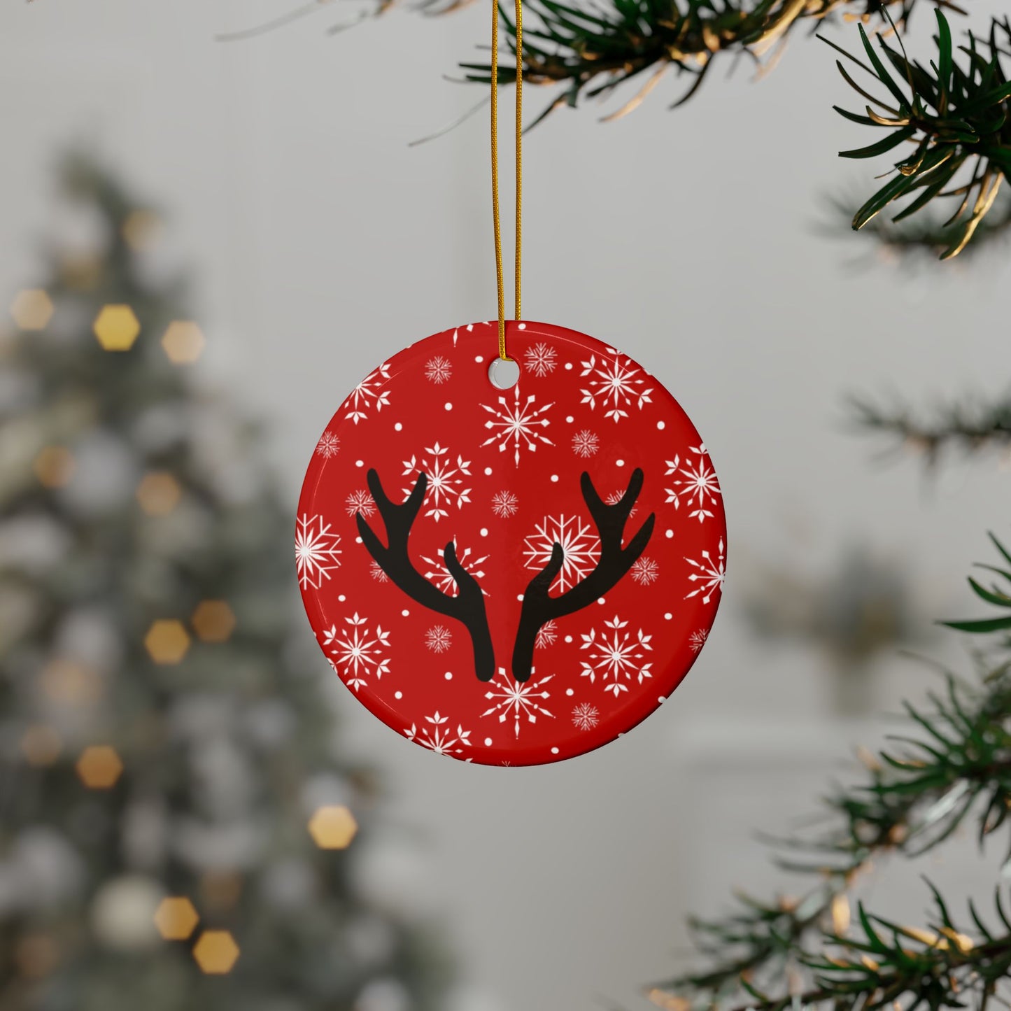 Reindeer Antler Ceramic Christmas Ornament — Red Snowflake Double-Sided Holiday Decor (1/3/5/10 pcs)