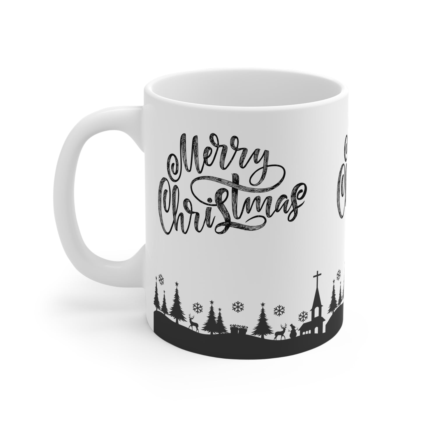 Merry Christmas Ceramic Mug — Black Holiday Village Design (11/15/20oz)